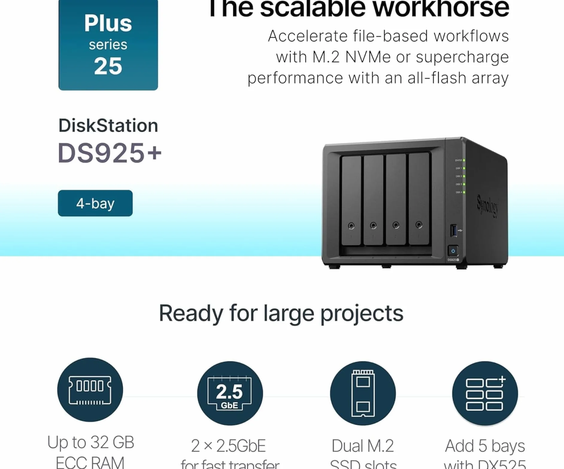 DiskStation DS925+ – 4-kieszeniowy NAS z 2,5 GbE, z możliwością rozszerzenia do 9 wnęk, pamięć podręczna M.2 NVMe SSD, szybkie tworzenie kopii zapasowych, nadzór i współpraca, przechowywanie danych i