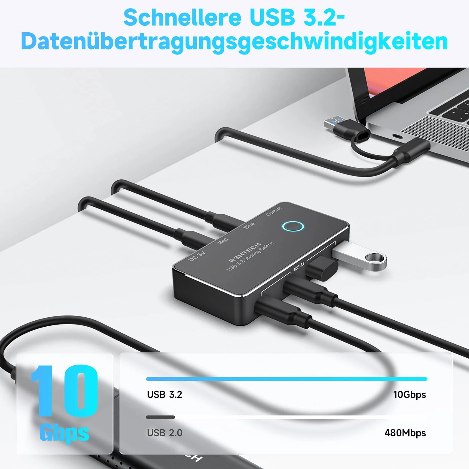 RSHTECH Przełącznik Kvm 10 Gbps 2 PC 2 monitory – USB 3.2 przełącznik 2 w 1 out, przełącznik USB z 2 typami A i 2 typami C – w zestawie kontroler do komputera stacjonarnego i 2 kable do transmisji