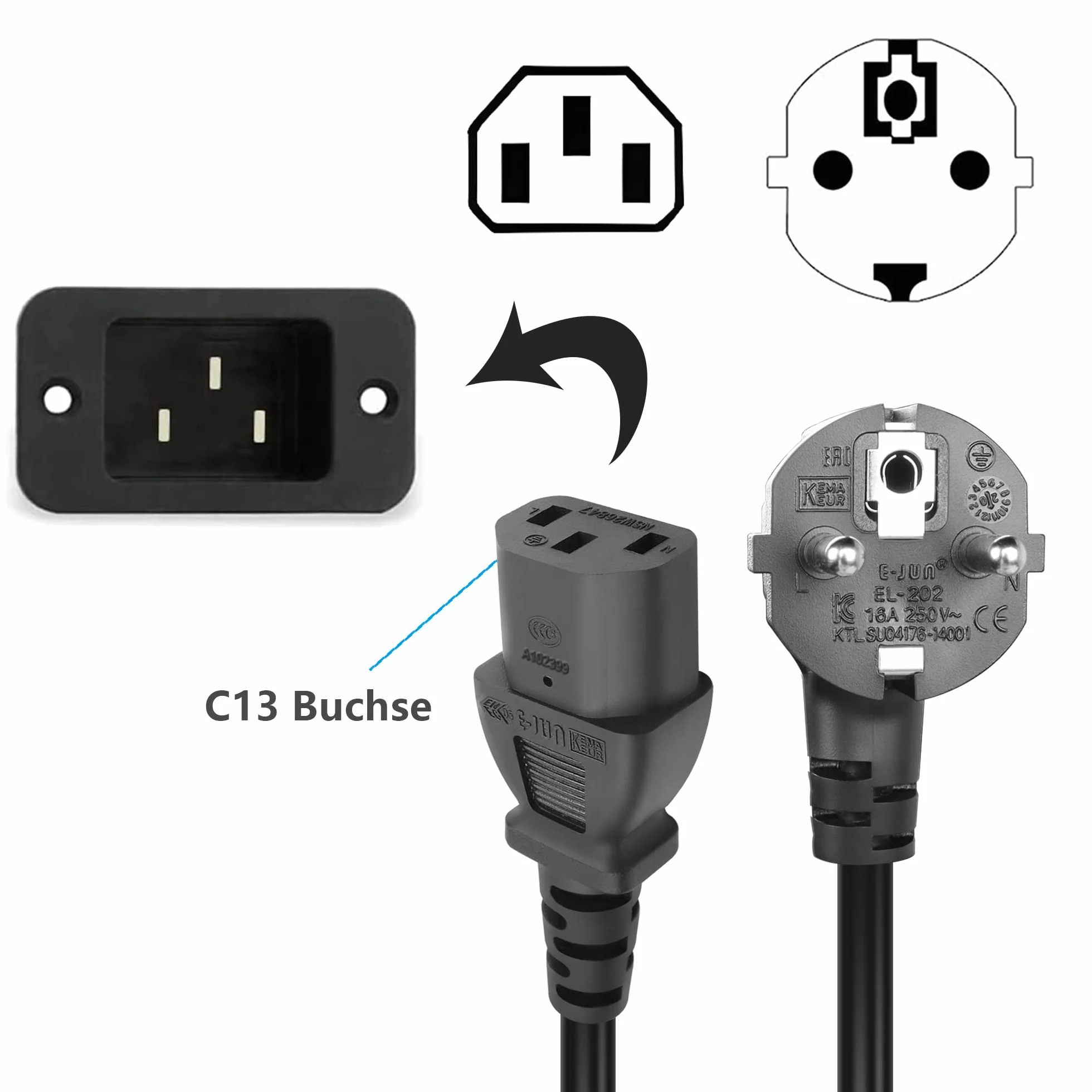 GELRHONR 90° Wygięty kabel zasilający do urządzeń zimnych CEE 7/7 na C13, spiralny kabel zasilający do monitorów, komputerów, drukarzy, skanerów, telewizorów