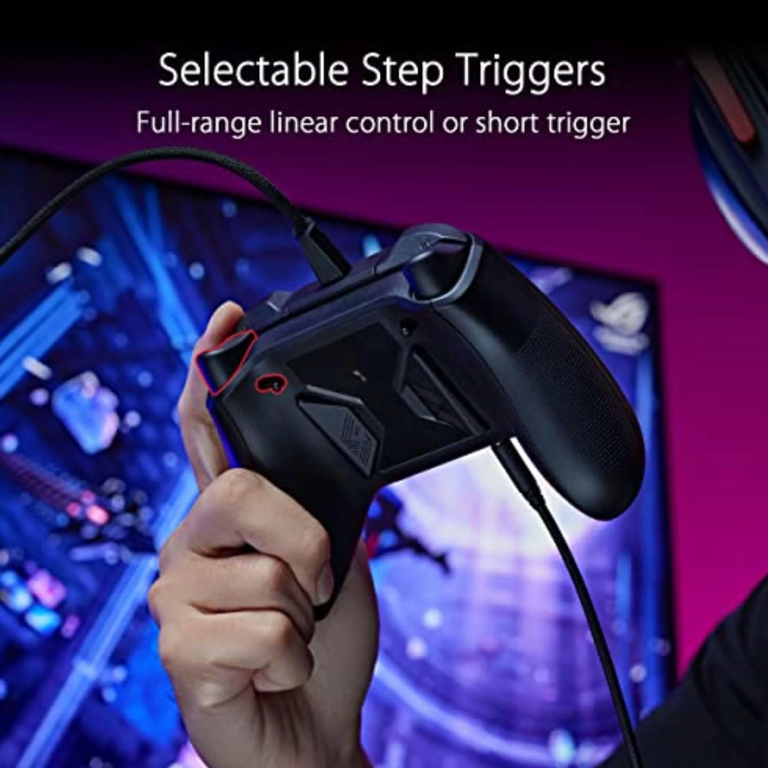 ASUS ROG Raikiri kontroler PC regulowana czułość spustu joysticka przyciski z tyłu oświetlenie Aura RGB ESS DAC gniazdo słuchawkowe 3,5 mm przycisk wyciszania