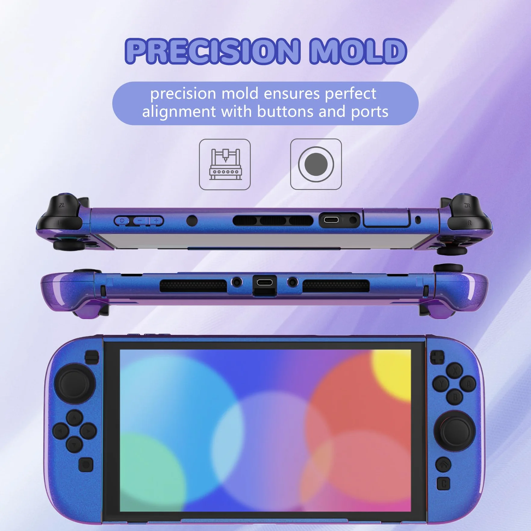 PlayVital Etui do Switch 2 Akcesoriami,Twarda Osłona Ochronna do Switch 2 z Uchwytem Grip,Podpórką & Nakładką Joystick,Etui Dokowalne–Kameleon Fioletowy Niebieski