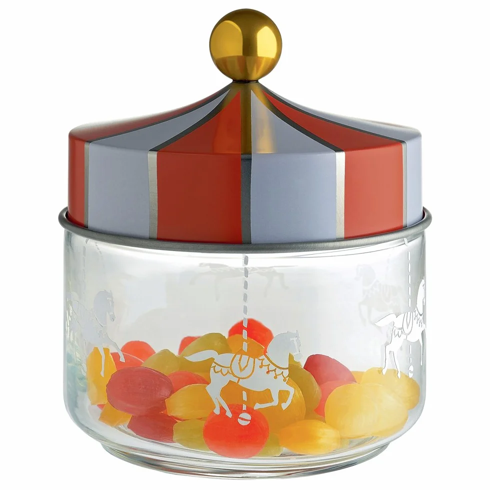 Alessi Circus MW30/50 - naczynie kuchenne na designerskie artykuły spożywcze, szkło z nadrukiem na ekranie z pokrywką z tasiemką, 50 cl