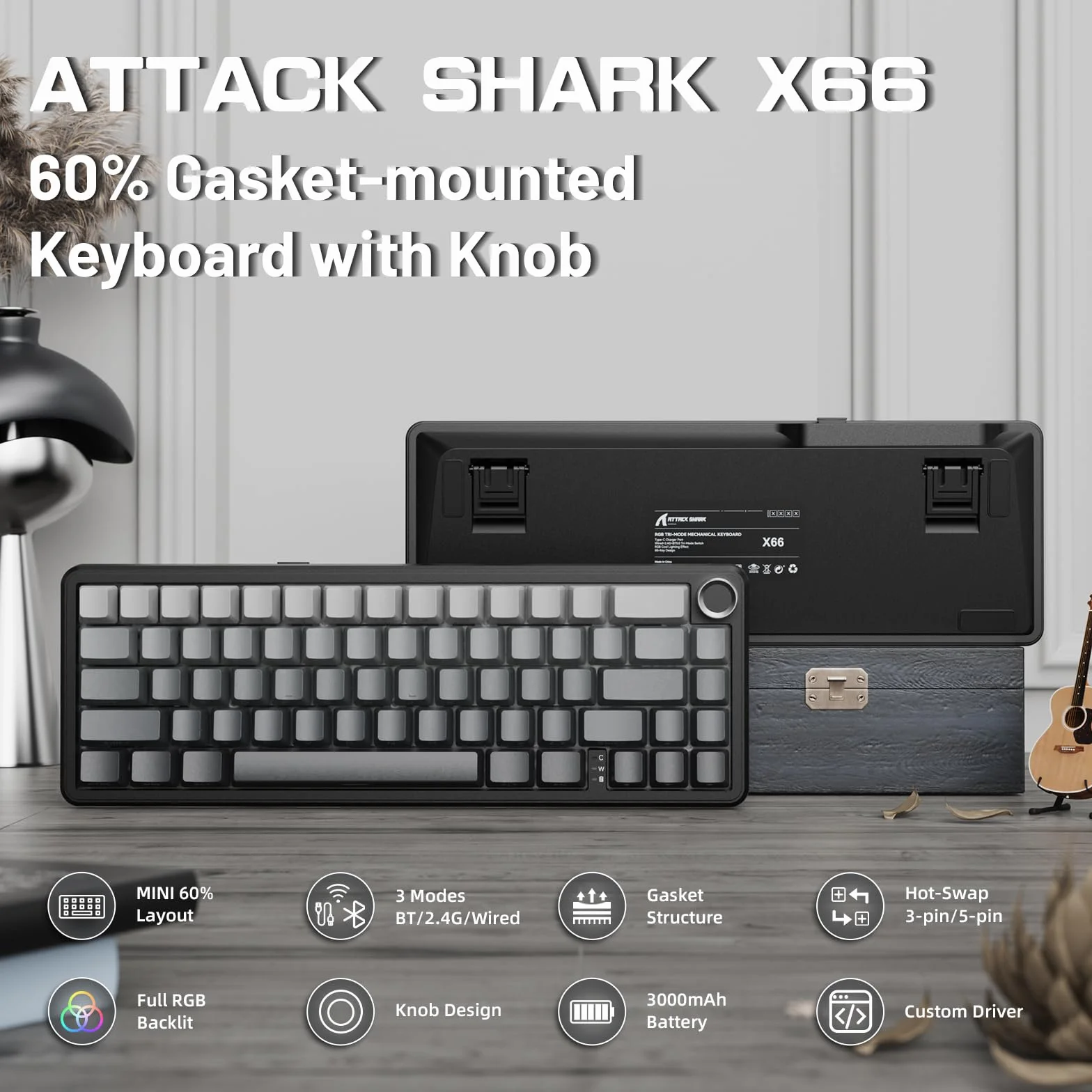 LexonElec x Attack Shark X66 60% Bezprzewodowa Klawiatura Mechaniczna z Pokrętłem Głośności, Hot-swap Gasket Mount, 2.4G/USB-C/BT5.0, QWERTY PBT Keycaps, Mini 66 Key Klawiatura do gier RGB-Szary