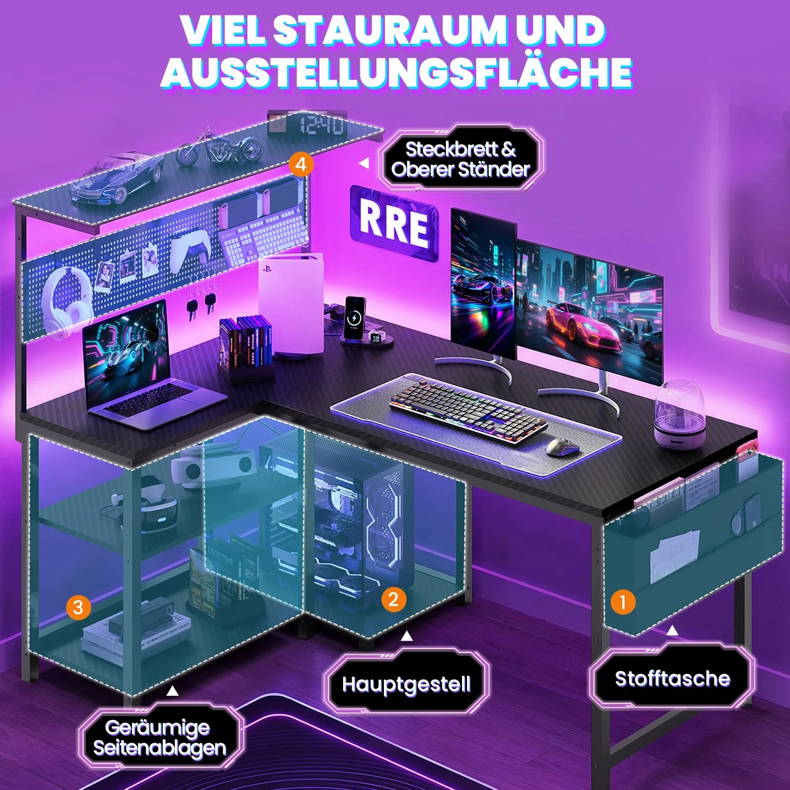 YOUDENOVA Biurko gamingowe w kształcie litery L z diodami LED, gniazdkiem i wejściem USB, dwustronne biurko narożne z regałem, 120 x 80 cm, biurko komputerowe z uchwytem na PC, stół dla graczy do