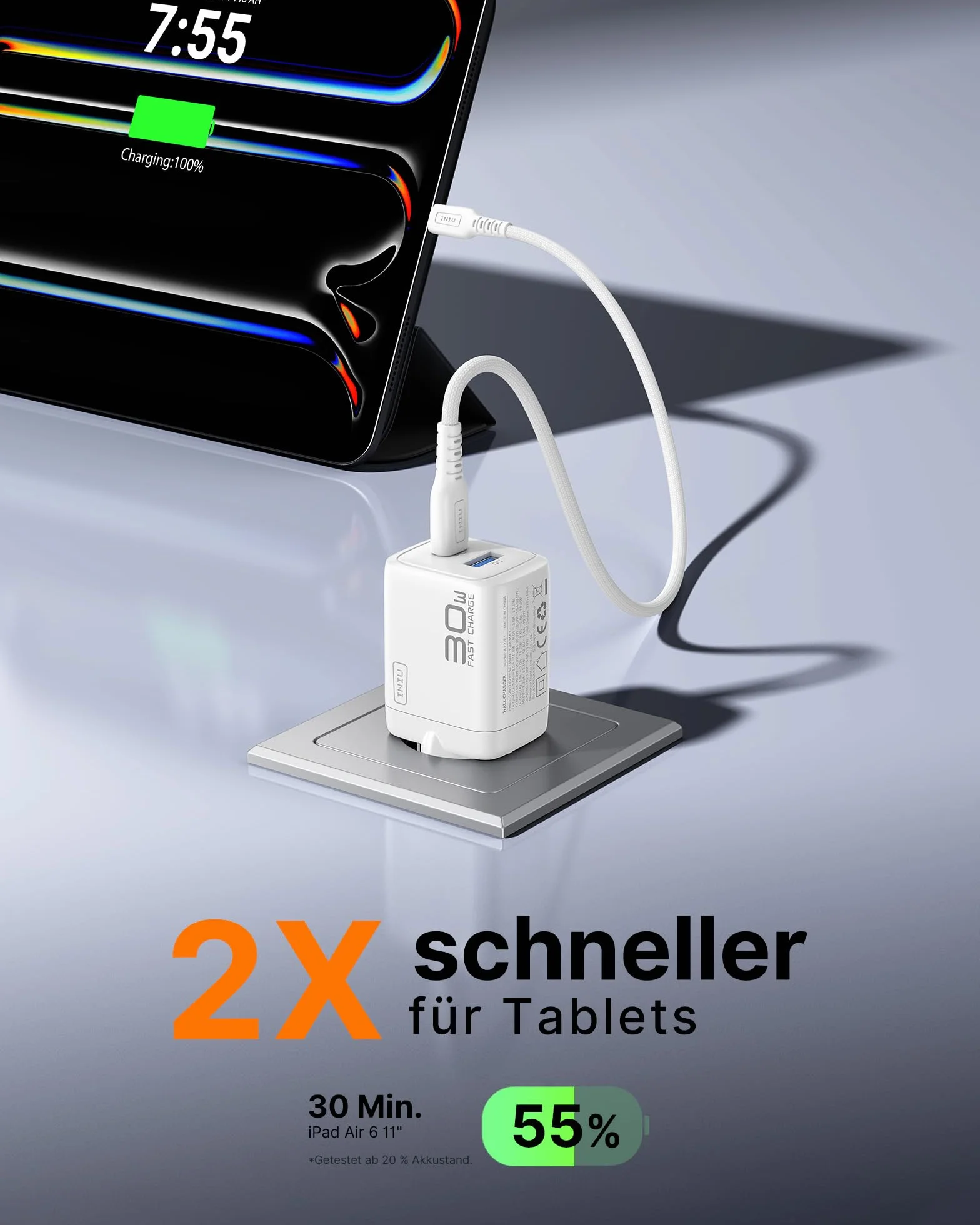 INIU Ładowarka USB C, 30 W, 2-portowa [USB C + USB A] Szybka ładowarka z kablem, Multi Sector PD Type C, adapter do iPhone'a 17 16 Pro Max, iPad Air, Galaxy S25 S24 Ultra, Xiaomi 15, Pixel 10, 9 itd