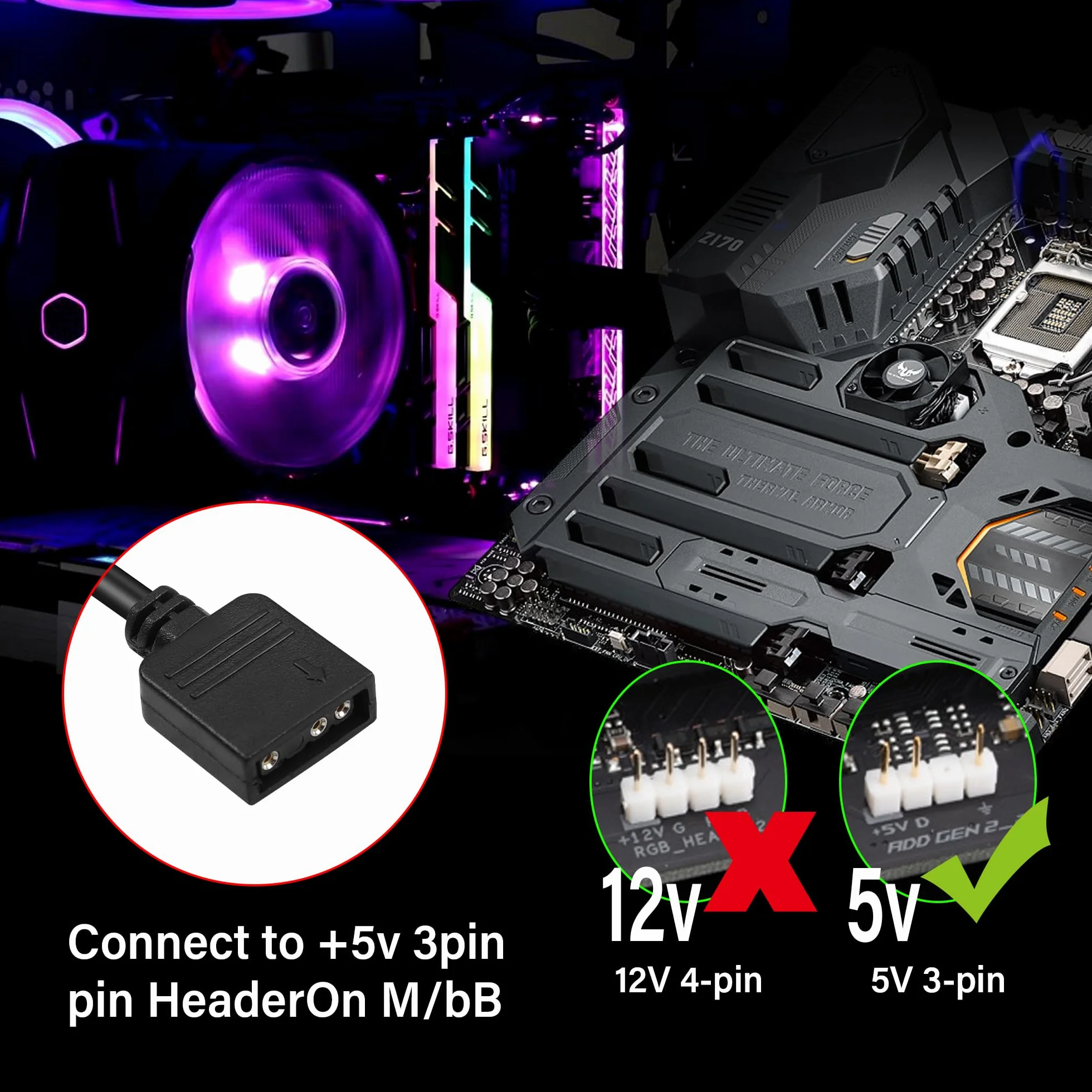 GINTOOYUN Kabel Przedłużający RGB 3-Pinowy na SM, Żeńska Wtyczka ARGB, Kabel 5V Adresowalny do Wentylatora, Taśmy LED PC (0,98 ft) (Styl 4)