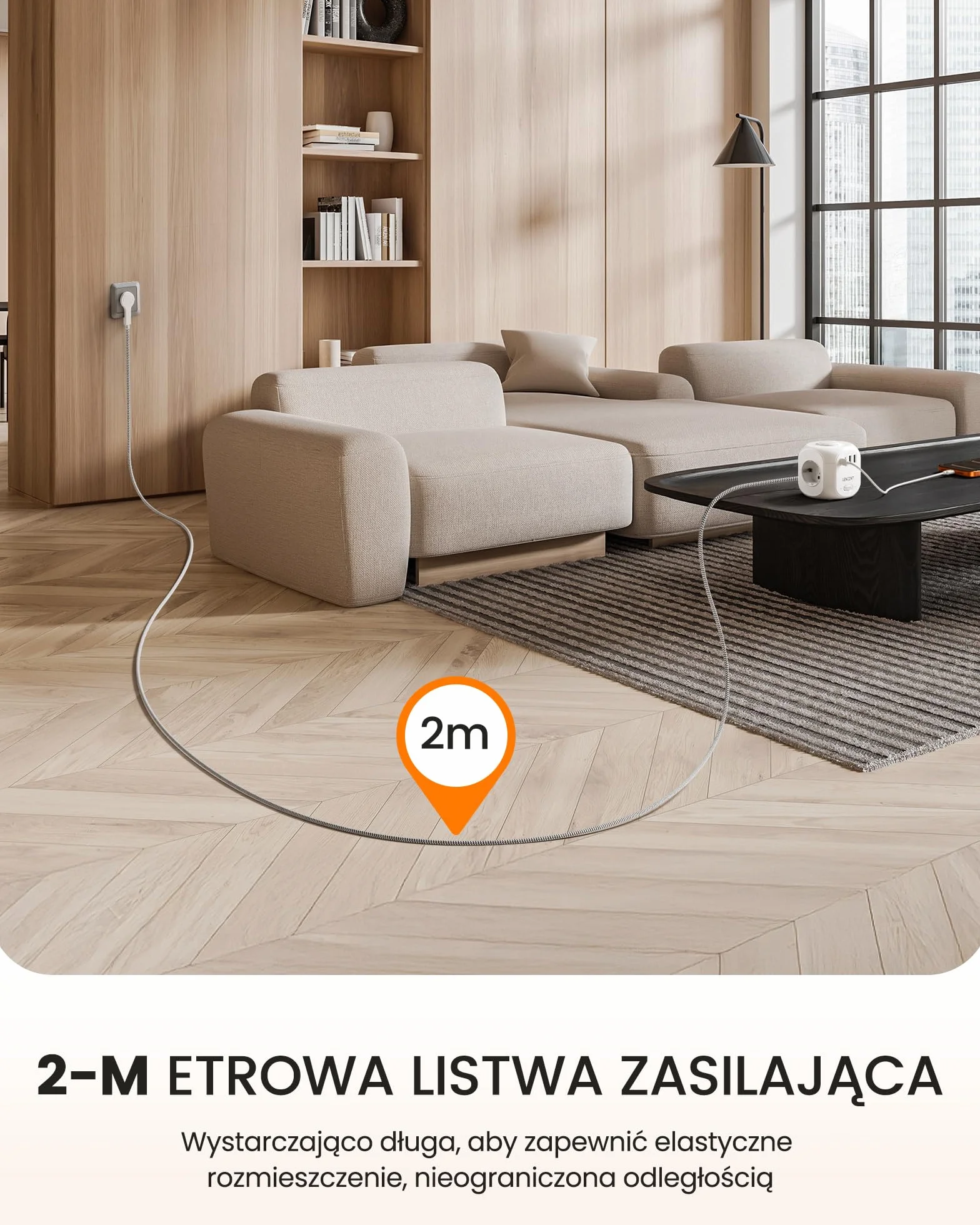 LENCENT Listwa Zasilająca Płaską Wtyczką z 4 Gniazd, Wielokrotna Wtyczka z 2 Metry Kablem w Oplocie, Przedłużacz z 3 Gniazdami USB-A+1Typ-C, 8 w 1 Listwa Zasilająca z Przełącznikiem Gniazdka, Biały