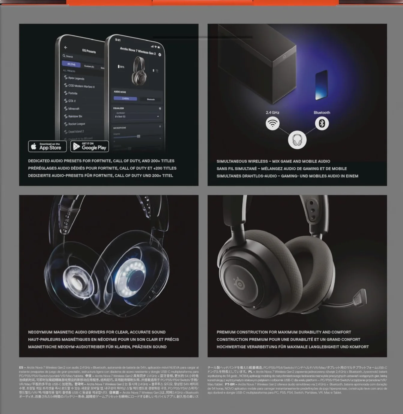 SteelSeries Arctis Nova 7 Wireless Gen 2 do gier, 50H, przetworniki magnetyczne neodymowe, 2,4 GHz/Bluetooth, PC, PS5, Switch, mobile