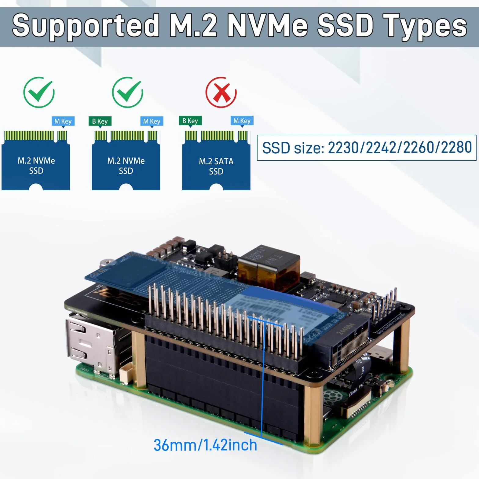 GeeekPi P33 M.2 NVME M-Key PoE+ Hat dla Raspberry Pi 5, z oficjalnym aktywnym chłodzeniem Pi 5 i aluminiową obudową, obsługuje dysk SSD M.2 NVMe 2230 2242 2260 2280