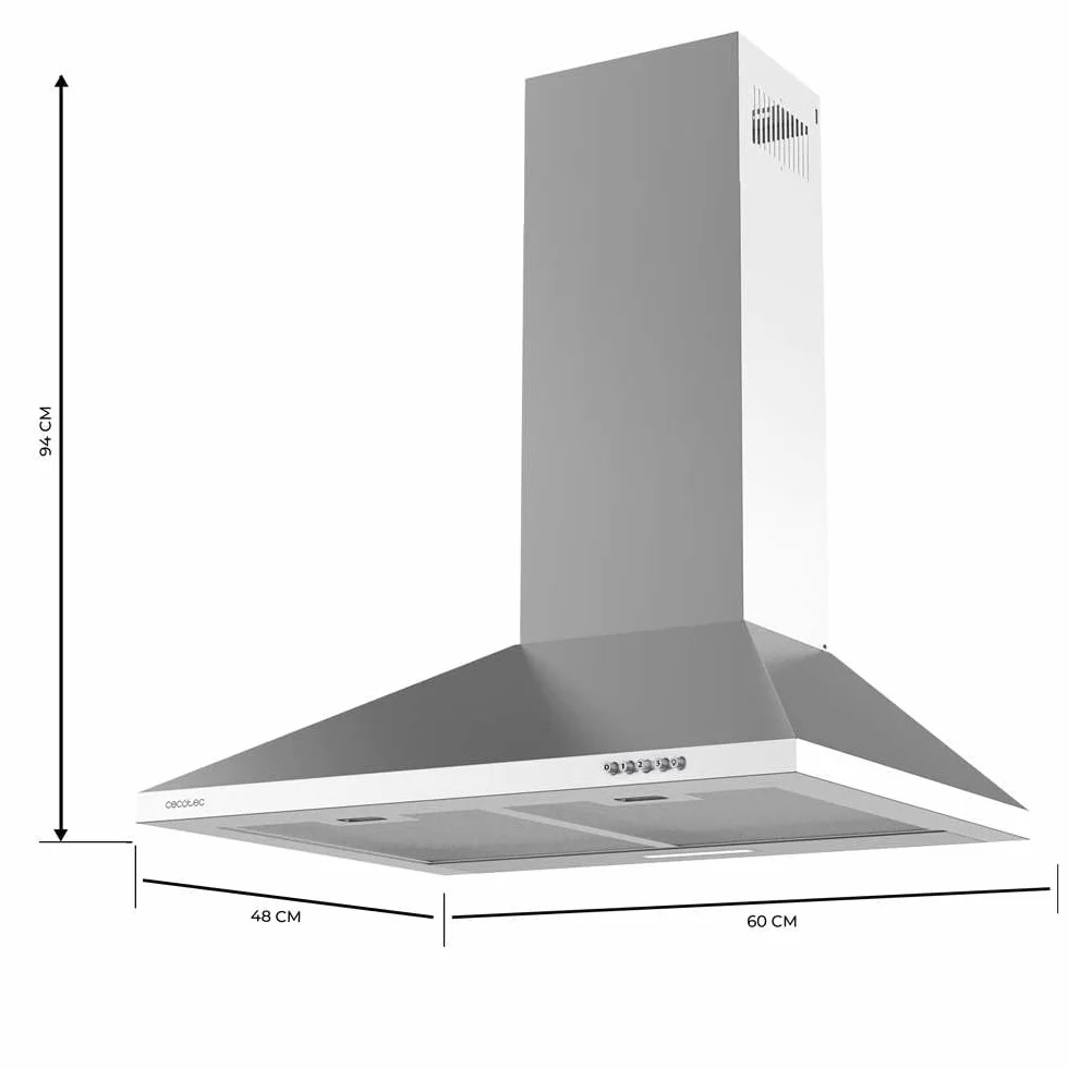 Cecotec Okap kuchenny Flux PM 604300 Inox C. Kształt piramidy, wykończenie ze stali nierdzewnej, moc ssania 403m3/h, silnik 105W, klasa C, sterowanie mechaniczne, 3 poziomy mocy