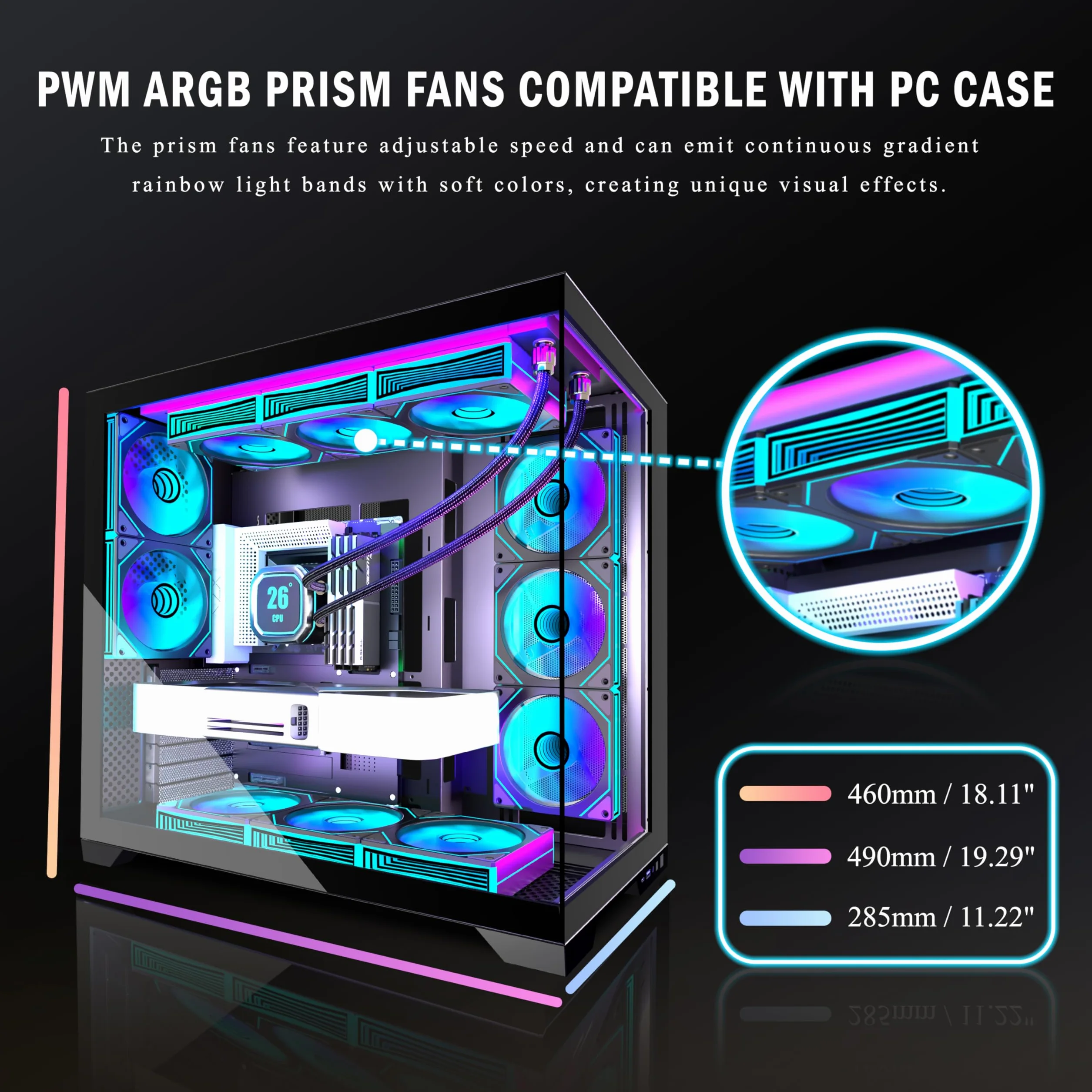 ANSAITE ATX obudowa PC 9 × 120 mm ARGB PWM, fabrycznie zainstalowany, panoramiczne szkło hartowane, czarna, obudowa komputera do gier Mid-Tower