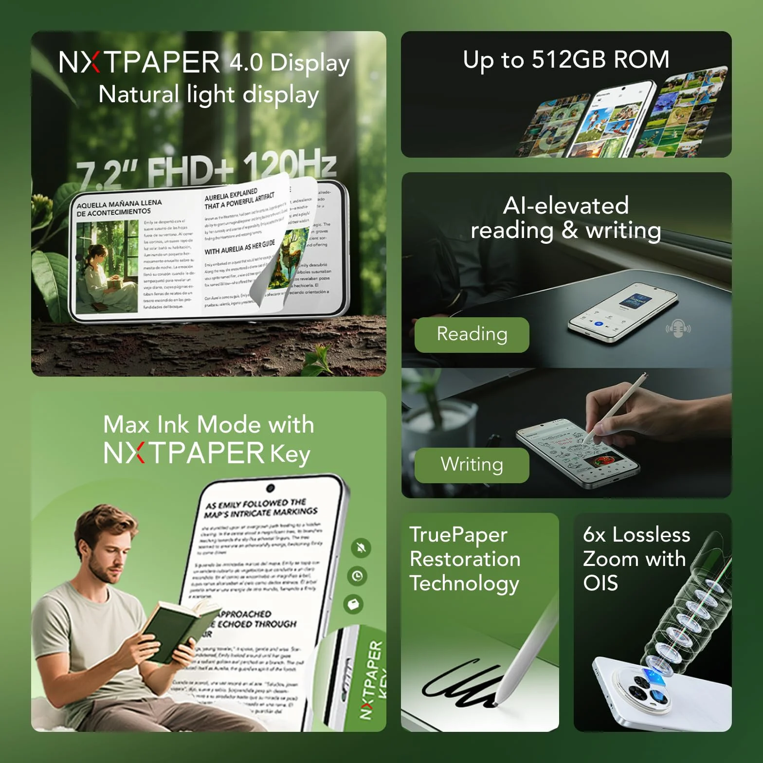 TCL NXTPAPER 60 Ultra 5G smartfon z systemem Android, wyświetlacz 7,2 cala FHD+ 120 Hz NXTPAPER, 12 GB RAM + 512 GB ROM, smartfon z ochroną oczu, akumulator 5000 mAh, biały księżycowy, z klapką i