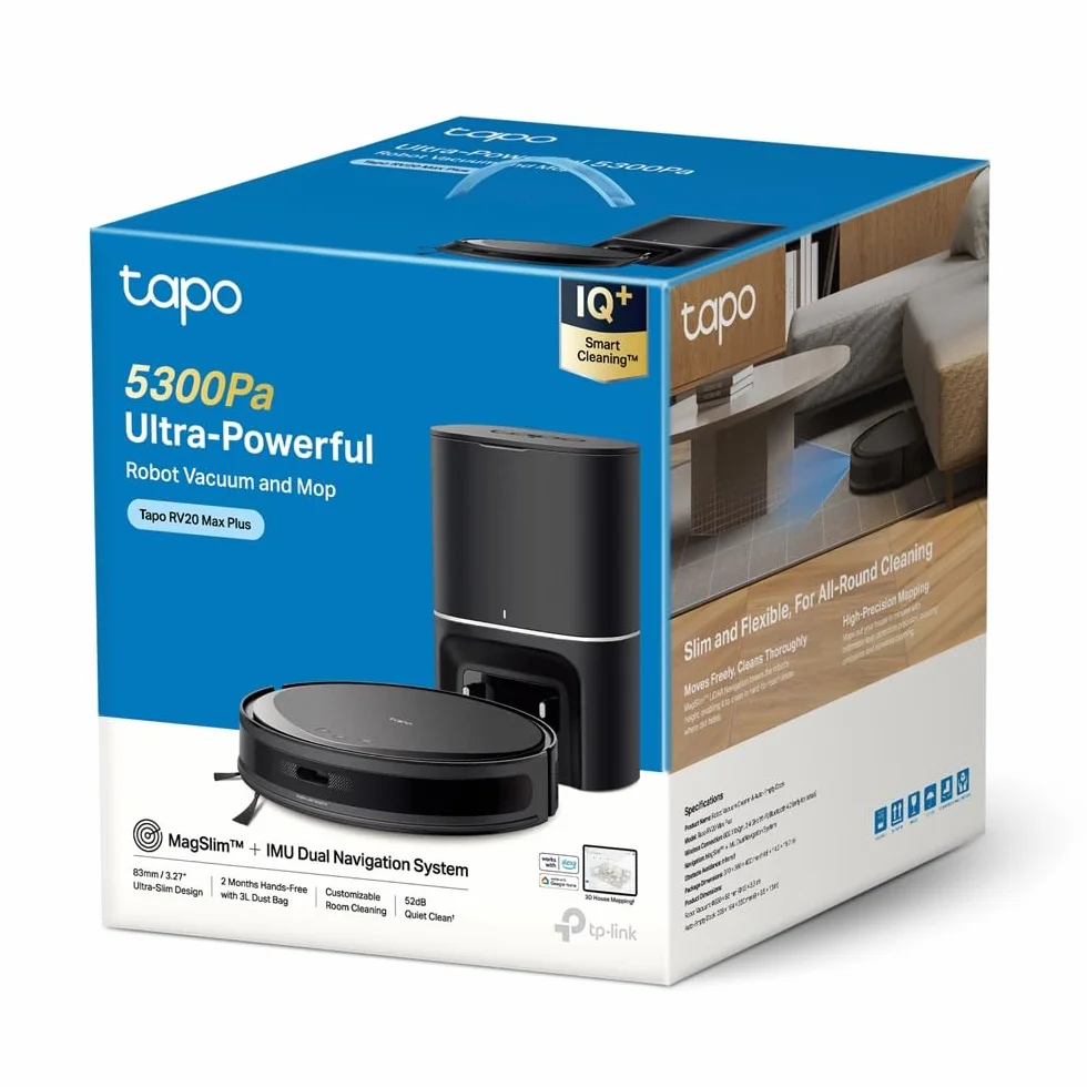 TP-Link Tapo RV20 Max Plus – Robot odkurzająco-mopujący 5300Pa z automatycznym opróżnianiem, nawigacją LiDAR, mapowaniem pięter, sterowaniem aplikacją i głosem – idealny do sierści i twardych podłóg