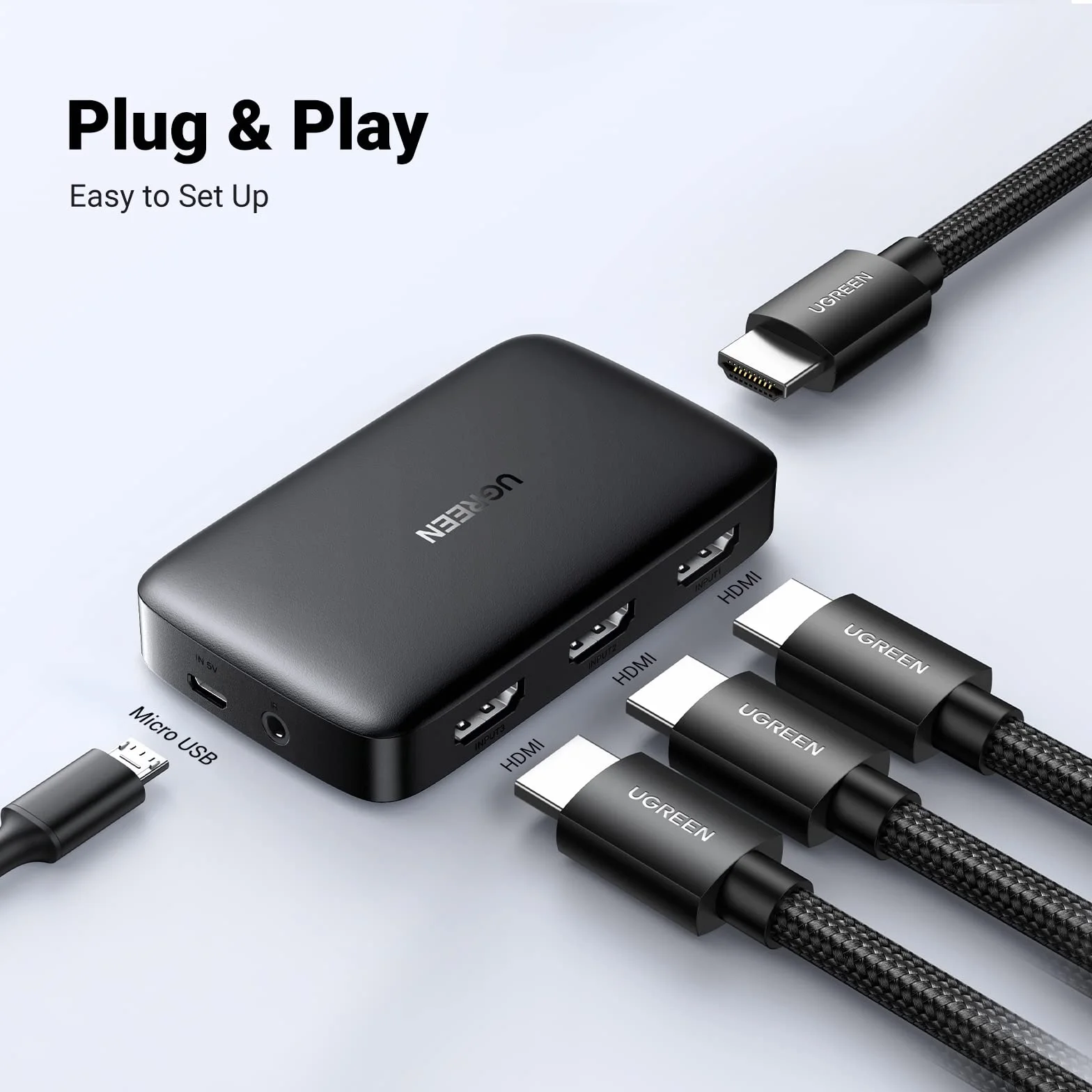 UGREEN Przełącznik HDMI 3 w 1 OUT HDMI Switcher Splitter obsługuje monitor 4K 3D HD, bezprzewodowy pilot zdalnego sterowania, kompatybilny z telewizorem, PS5/PS4/PS3, laptopem/PC, DVD, Blu-Ray, Xbox