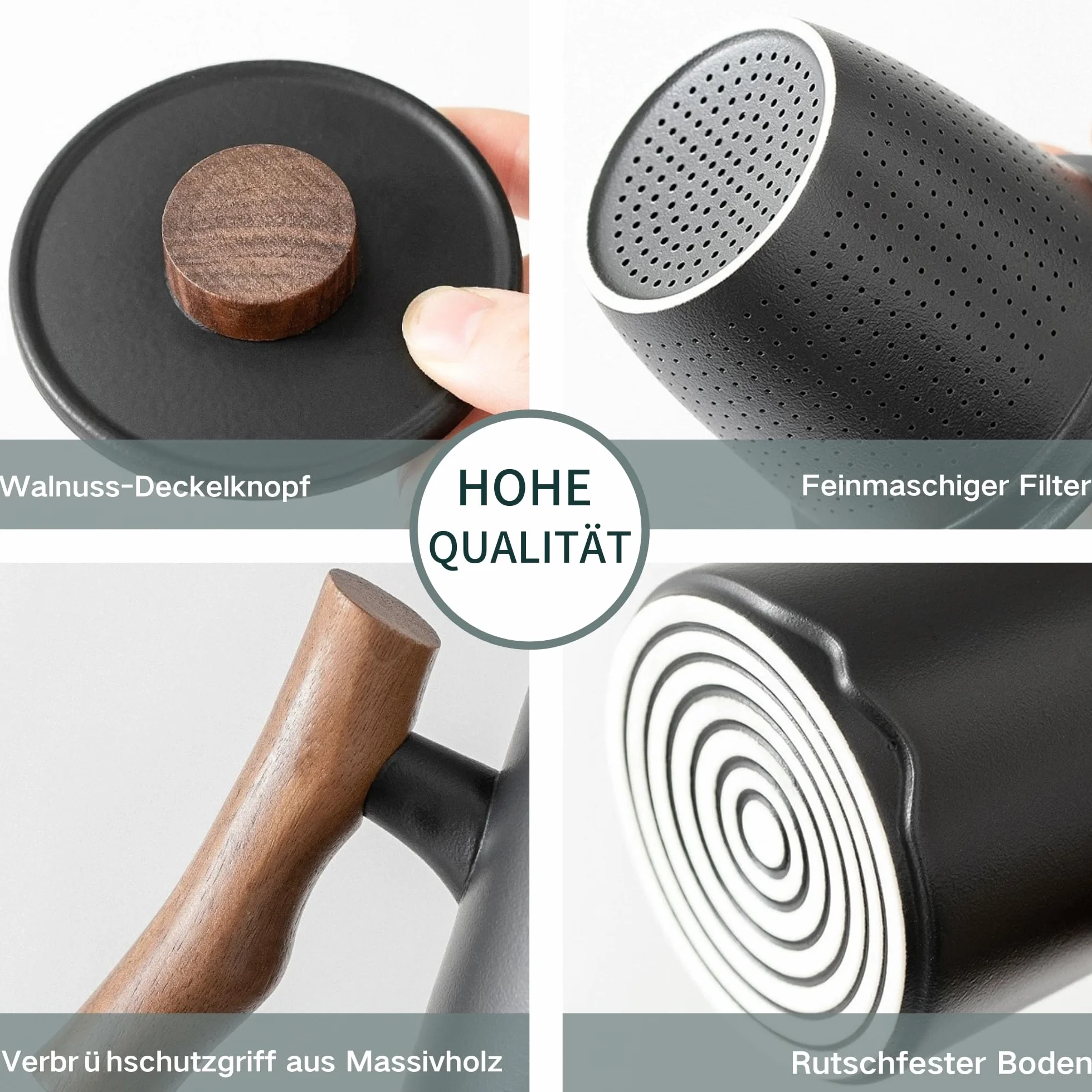 JanYoo Filiżanka do Herbaty z Pokrywką i Sitkiem, 360 ml, Uchwyt z Palisandru, Ceramiczna, Matowa, Kamionkowa, Glazurowana, Czarna