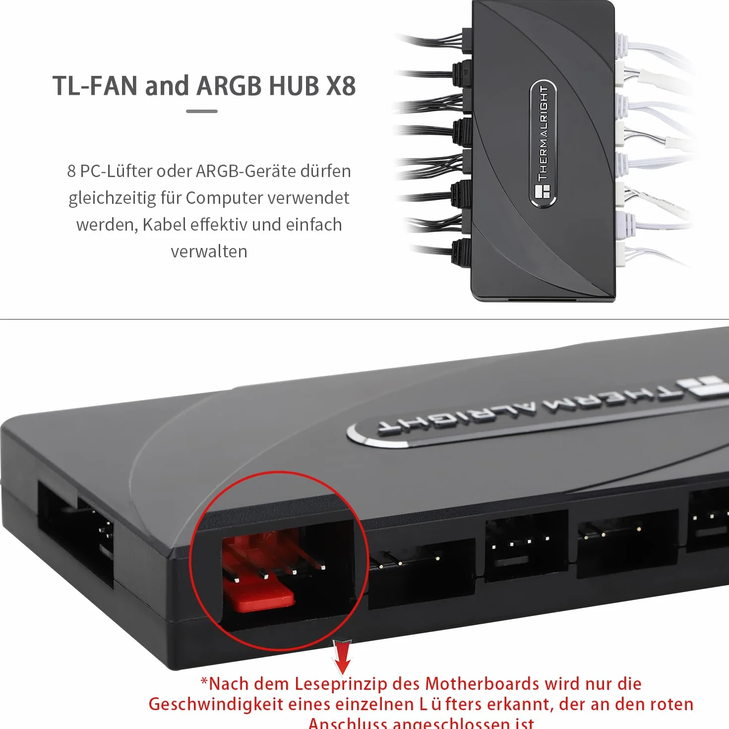 TR i ARGB HUB × 8, kontroler / PWM wykorzystuje zasilanie SATA, obsługuje 8 grup wentylatorów, wentylatorów PC i kontrolera wentylatora ARGB, kabel SATA nie wchodzi w zakres dostawy