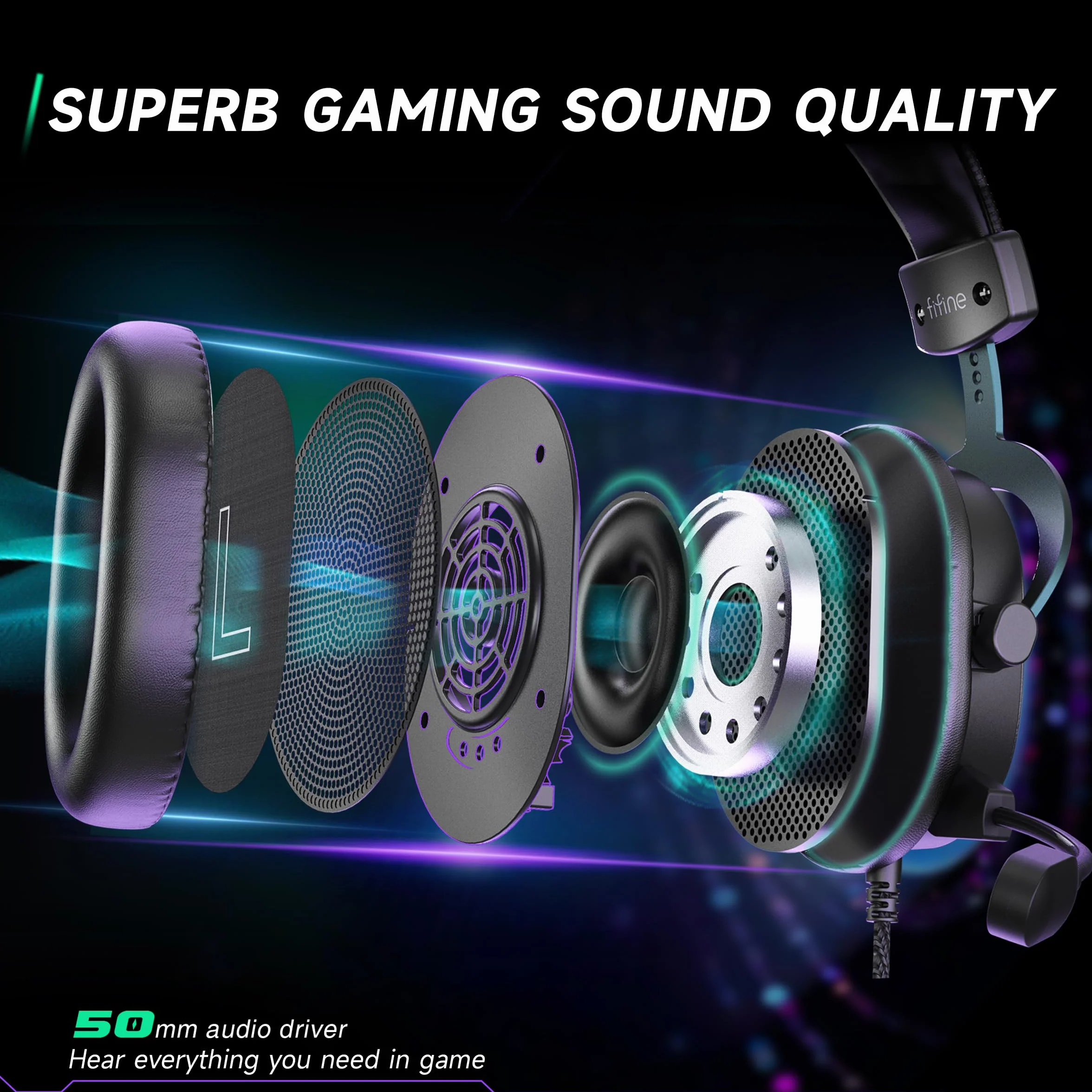 FIFINE Zestaw słuchawkowy gamingowy z mikrofonem, słuchawki nauszne z kablem, zestaw słuchawkowy USB do PC PS4 PS5 Xbox Switch, słuchawki RGB z dźwiękiem przestrzennym 7.1 i nausznikami