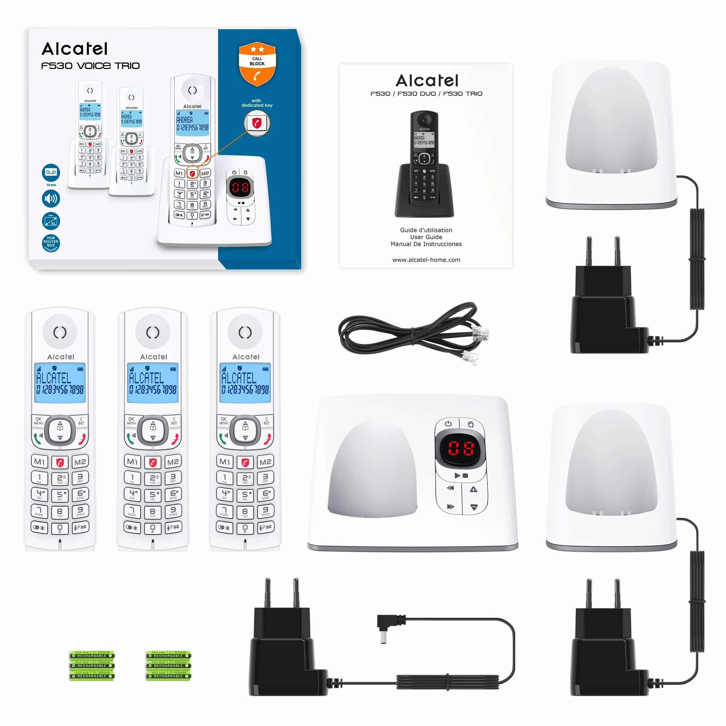Alcatel F530 Voice Trio, telefon bezprzewodowy z automatyczną sekretarką i 3 słuchawkami, blokowanie połączeń i funkcją głośnomówiącą biały/szary