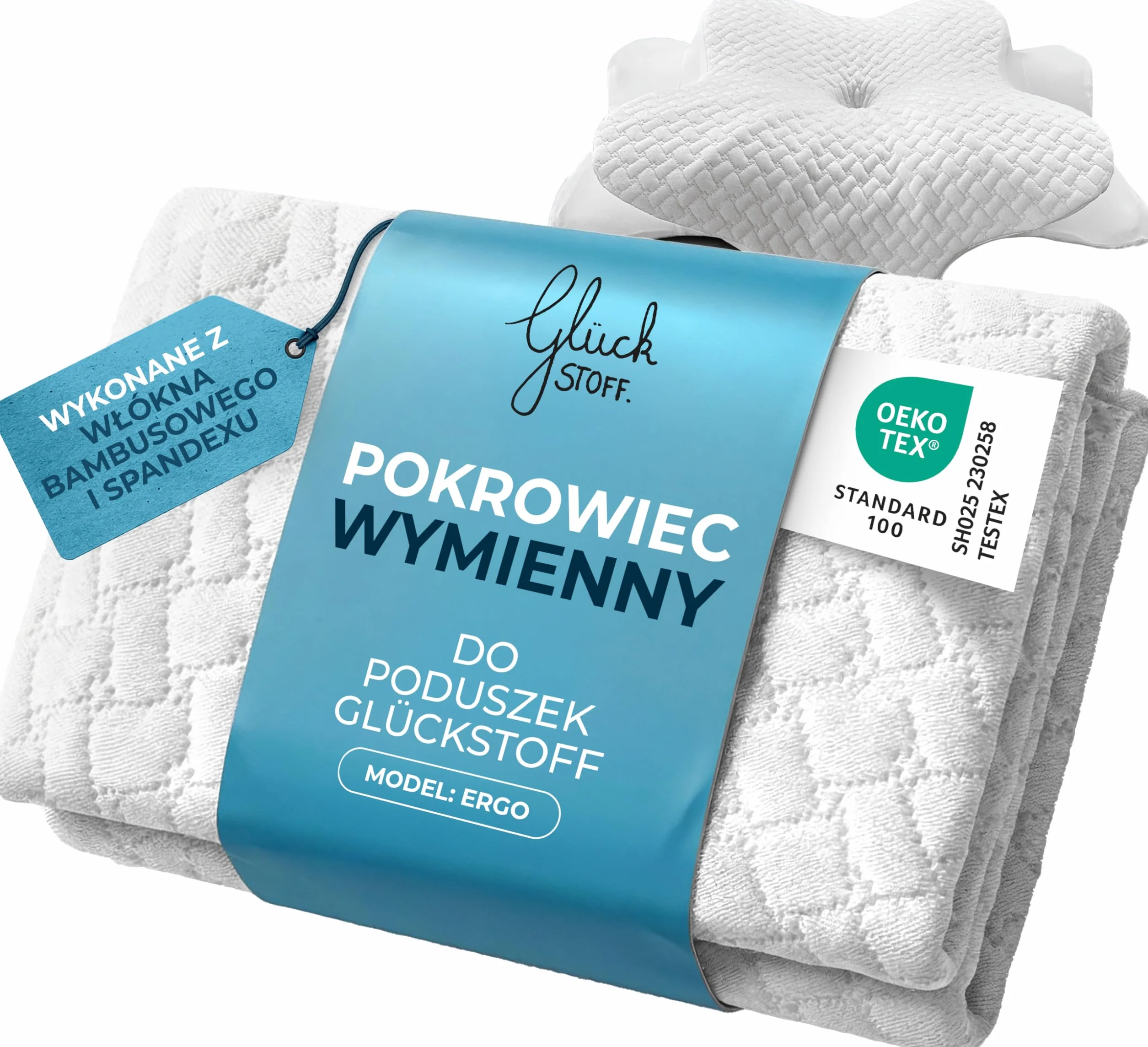 GLÜCKSTOFF® Poszewka na poduszkę ergonomiczną [Z EFEKTEM CHŁODZENIA I CIEPŁA] z włókien bambusowych i spandeksu | Miękka i Przytulna | Poszewka Zapasowa | Biała | Wersja: Ergo