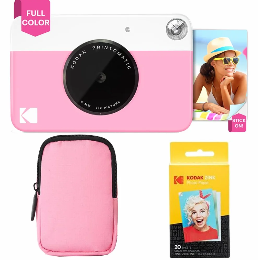 KODAK Printomatic Pełnokolorowy zestaw startowy aparatu do natychmiastowego drukowania + miękkie etui + papier fotograficzny z cynkiem, 20 szt., kolorowe zdjęcia na papierze samoprzylepnym 5 x 7,6 cm,