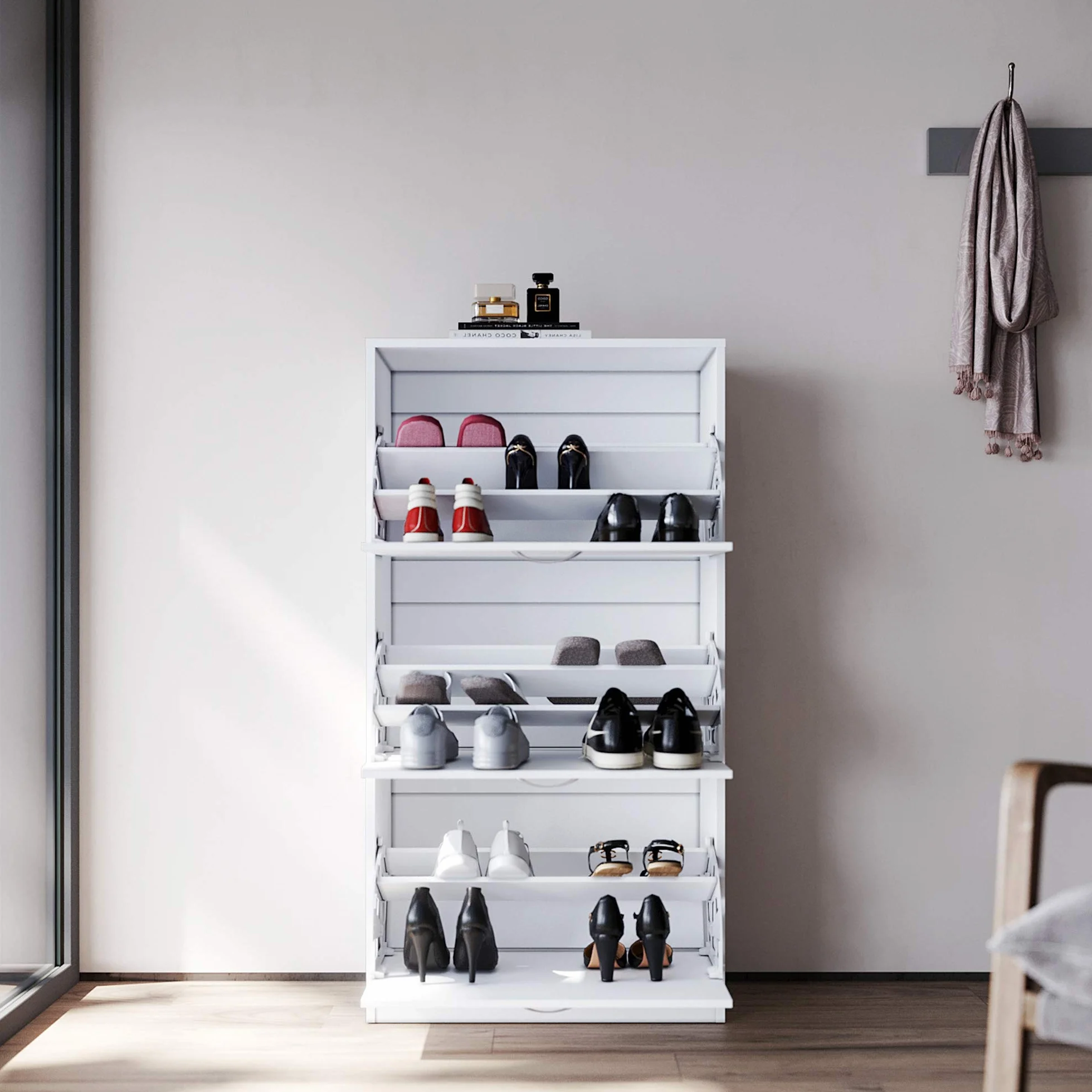 SONNI szafka na buty biała wąska 30 cm 3 klapy regulowane wkładki 27 par 63x30x120 cm