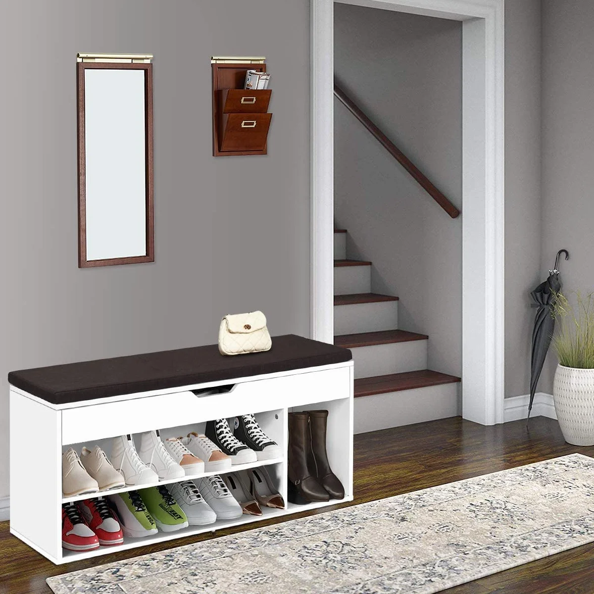 Giantex Ławka na buty z poduszką do siedzenia, skrzynia 3 przegródki, 2 stopnie, 104