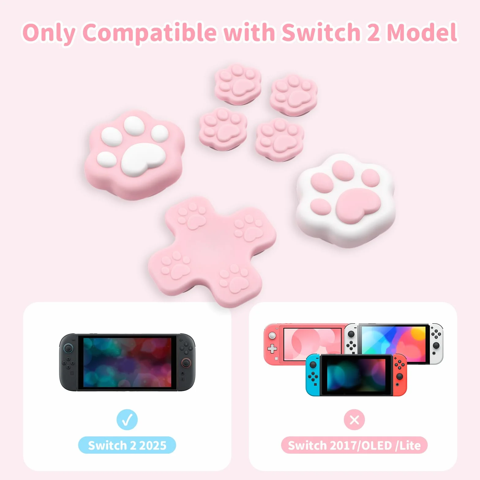 GeekShare Silikonowy zestaw nasadek na klawisze krzyżowe, osłona joysticka, łapy kota ABXY, uchwyty kciuka, kompatybilne z konsolą do gier Switch 2 – różowe