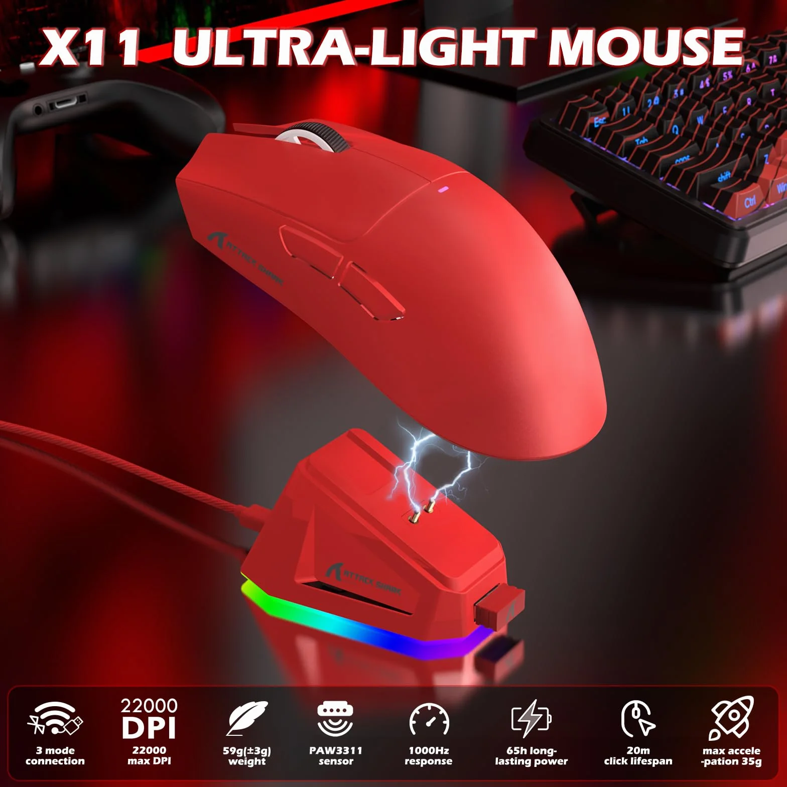 MAMBASNAKE X ATTACK SHARK X65PRO HE Szybki Trigger Klawiatura z X11 Gaming Myszka Komplet, Magnetyczny Przełącznik, Dokładność RT 0.01mm 8 kHz, BT/2.4G/USB-C, Magnetyczna Stacja Ładowania - Czerwony