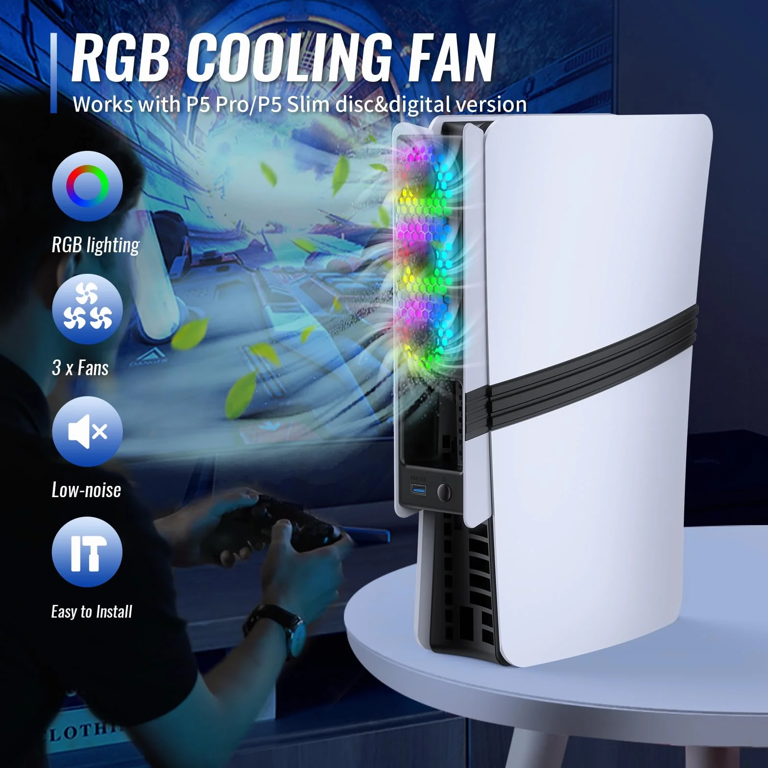 Wentylator chłodzący do konsoli PS5 Pro/Slim - szybkie chłodzenie z automatyczną regulacją temperatury, niski poziom hałasu, oświetlenie RGB i port USB 3.0 dla graczy i entuzjastów konsol,