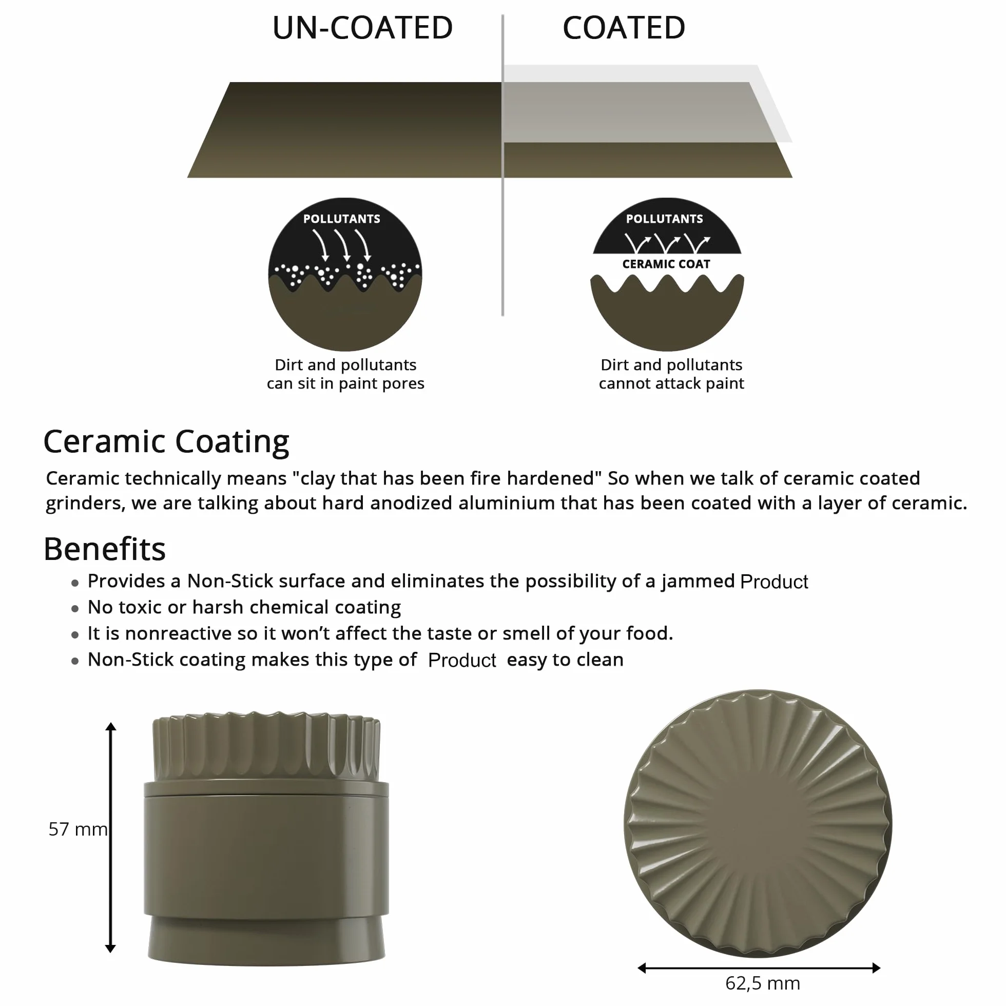 Bezzębny młynek do ziół Ø 63 mm 5-częściowy powłoka nano-ceramiczna Mud