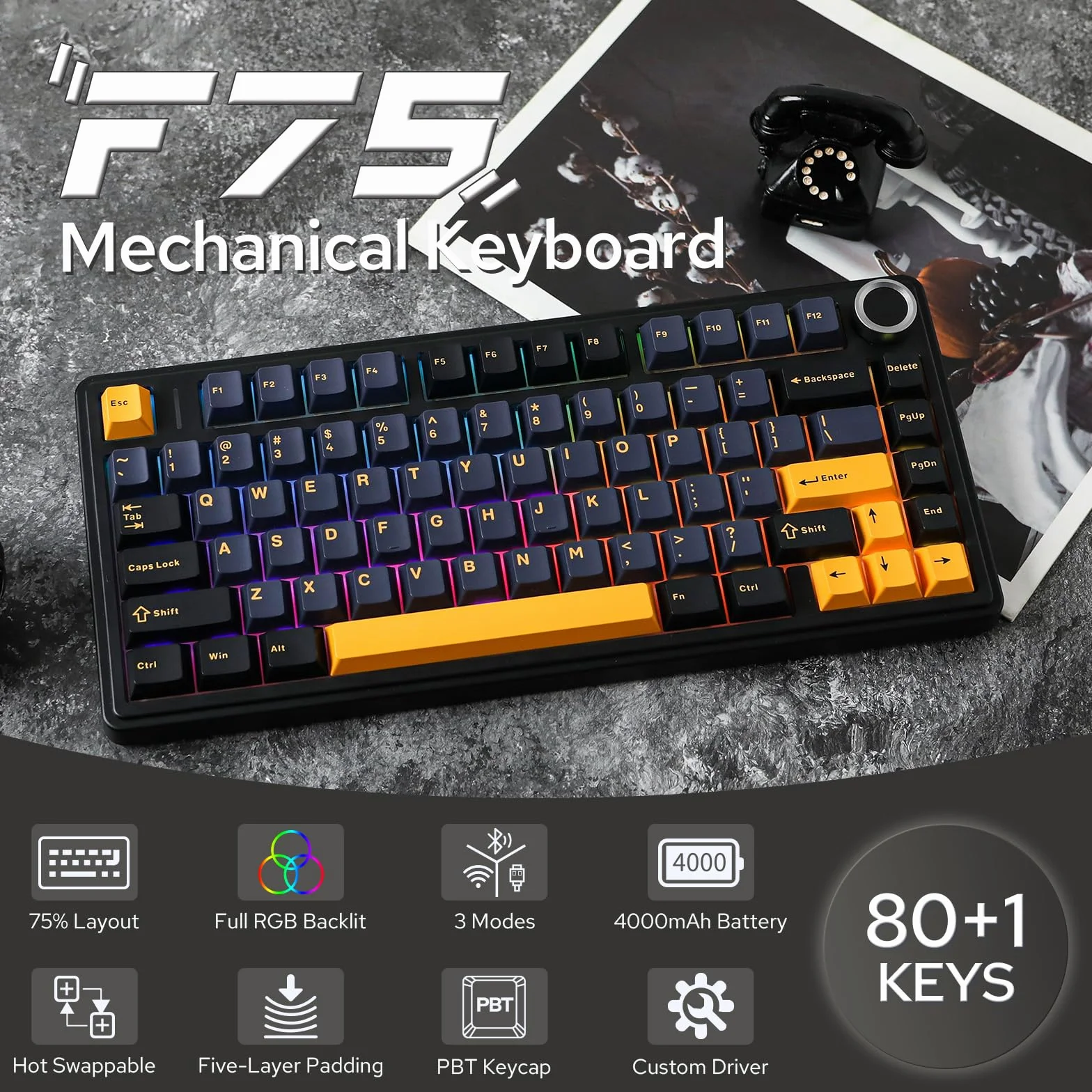 EPOMAKER x Aula F75 Klawiatura mechaniczna Gasket 75% bezprzewodowa Bluetooth USB-C RGB NKRO czarna Ice Vein Switch