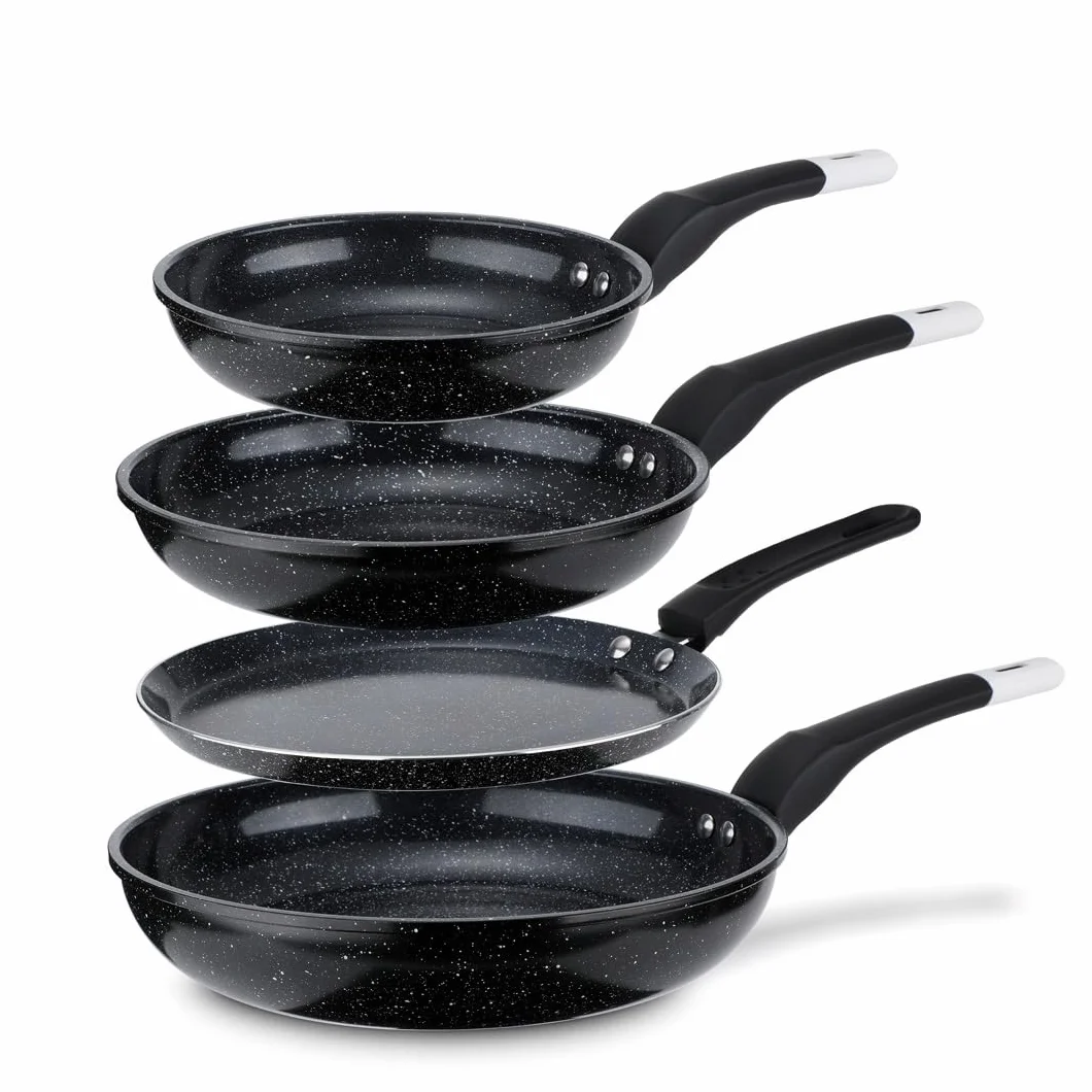 EliteHoff zestaw patelni indukcyjnych, 4-częściowy, 3 patelnie (20/24/28 cm) + patelnia do naleśników 24 cm, patelnia z powłoką nieprzywierającą do wszystkich typów kuchenek, czarny (4 szt, E-7539)