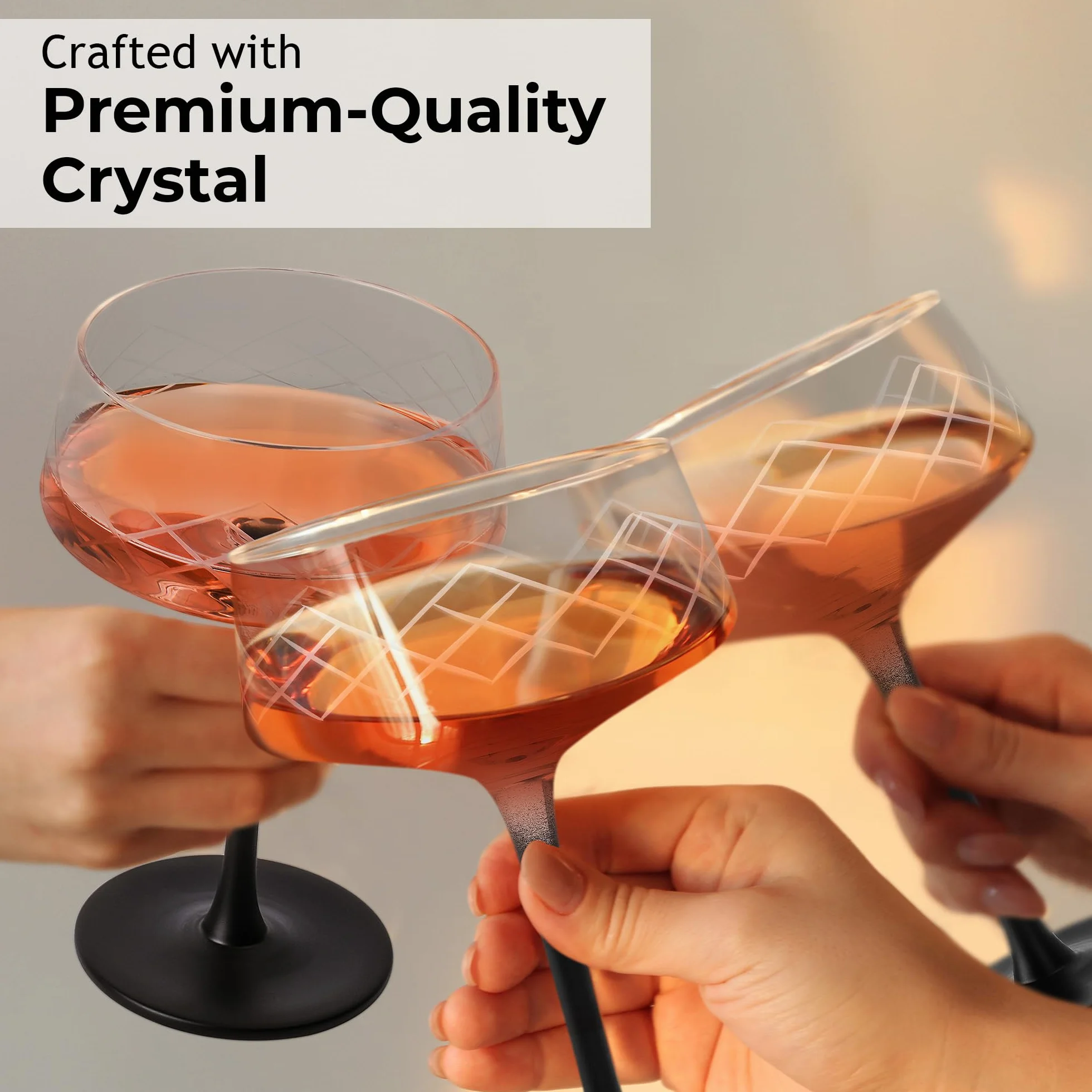 Zestaw 4 kieliszków coupe 280 ml ręcznie dmuchane kryształowe koktajlowe czarna nóżka Crystaluna