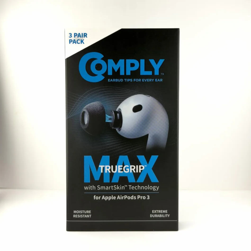Comply TrueGrip MAX wymienne zatyczki do uszu z pianki z pamięcią kształtu do Apple AirPods Pro (3 generacji), technologia SmartSkin, doskonała izolacja akustyczna, czarne, rozmiar L, 3 pary