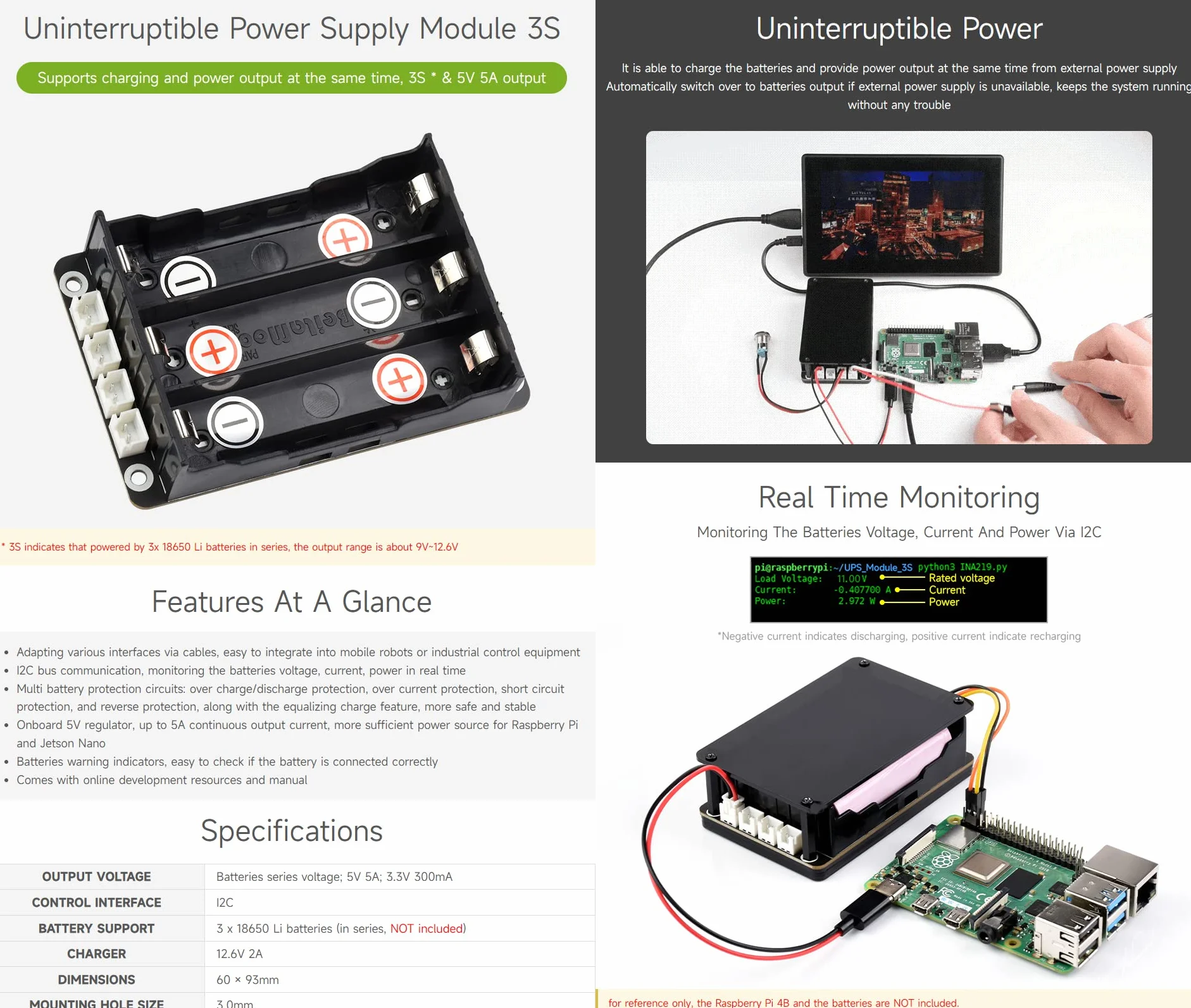 Waveshare Uninterruptible Power Supply UPS Module Supports Charging and Power Output at the Same Time 3S & 5V 5A Output