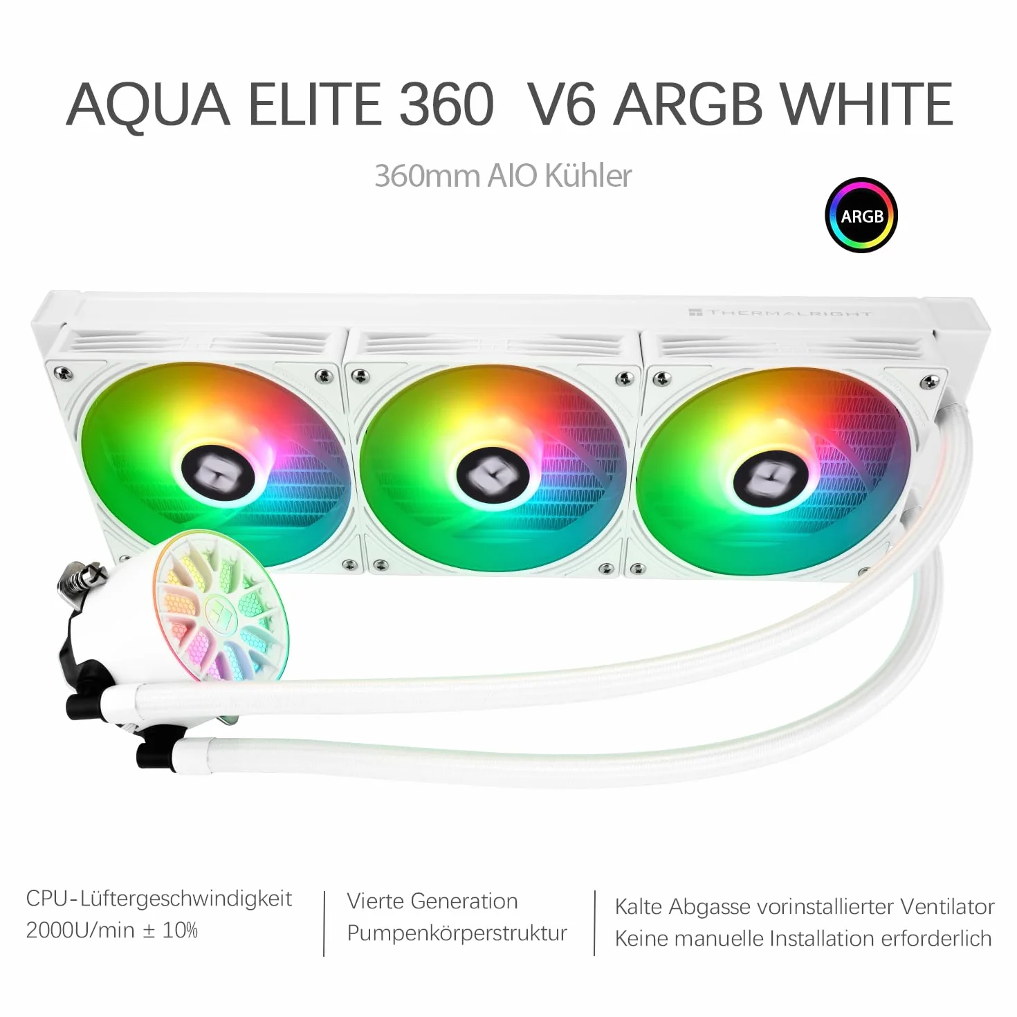 TR-Thermalright AQUA ELITE 360 V6 ARGB White, chłodzenie cieczą CPU, 360 mm AIO, 3 wentylatory PWM ARGB, dla AMD AM4/AM5, Intel LGA1851/1700/115x/1200 (białe)
