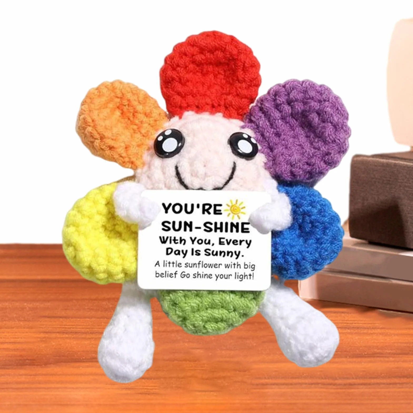 Positive Sunflower Doll, Crochet Emotional Support Toy, 4.33x3.94in Colorful Pocket Sized Decor, Uplifting Desk Ornament Optimistic Card, Cheerful Crochet Plush for Home