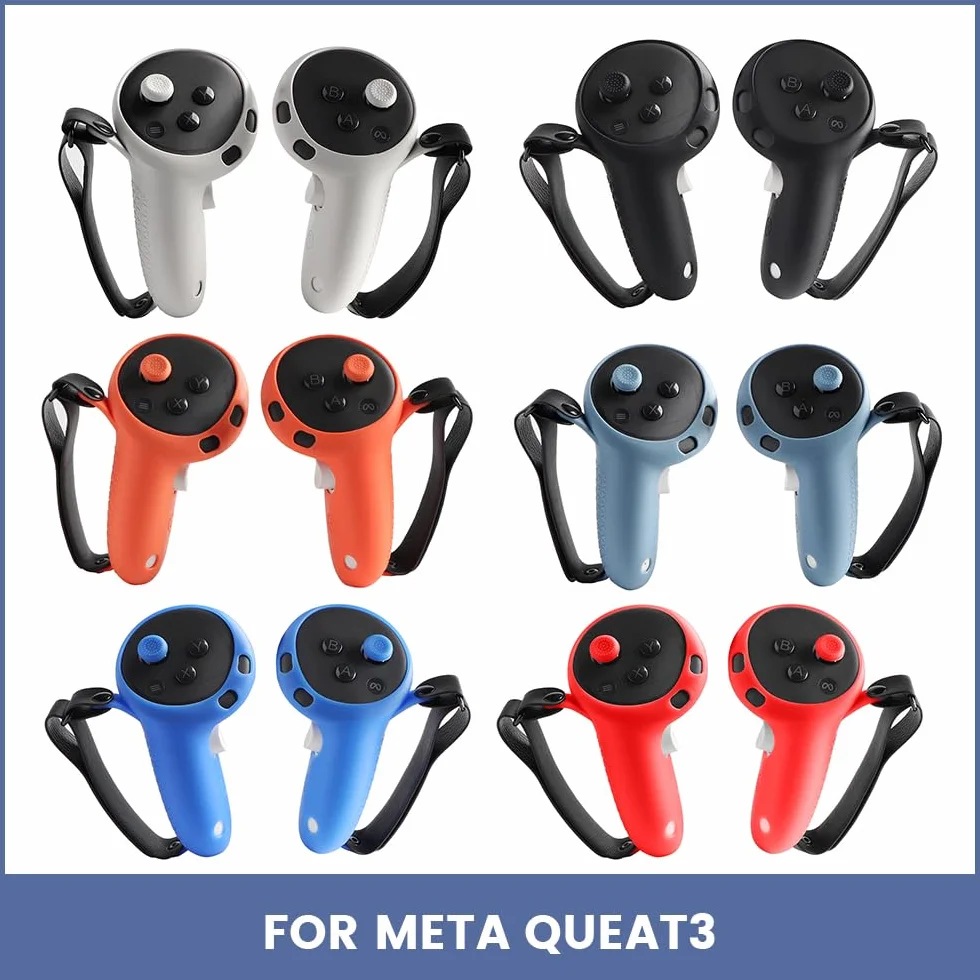 VR Touch Controller Grips Cover do Meta Quest 3s/Quest 3, akcesoria do zestawu słuchawkowego Virtual Reality, silikonowe etui ochronne z regulowanym paskiem na rękę (czarny)