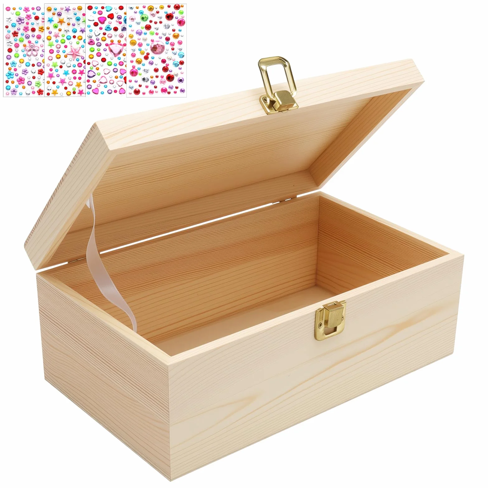 Drewniana skrzynka z pokrywką i zestawem naklejek z kamieni szlachetnych, mała drewniana skrzynka, pudełko do przechowywania z drewna 20 x 15 x 10 cm drewniane pudełko z pokrywką, pudełko na