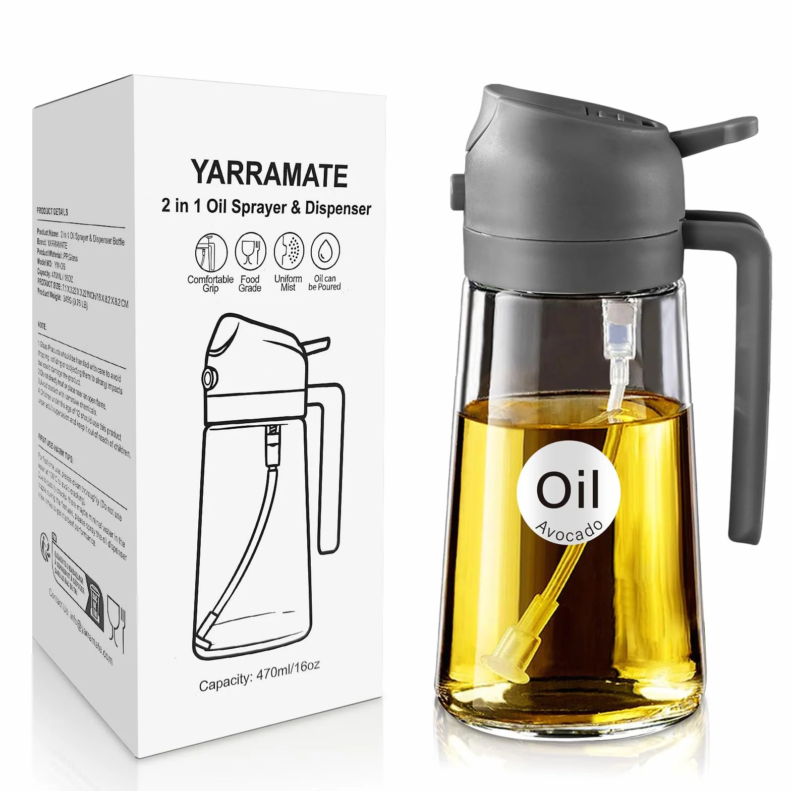 YARRAMATE 2 w 1 rozpylacz oleju jadalnego, butelka z rozpylaczem 470 ml, nadaje się do kontaktu z żywnością, spray na olej do gotowania, wysokiej jakości rozpylacz oleju do kuchni (05_szary)