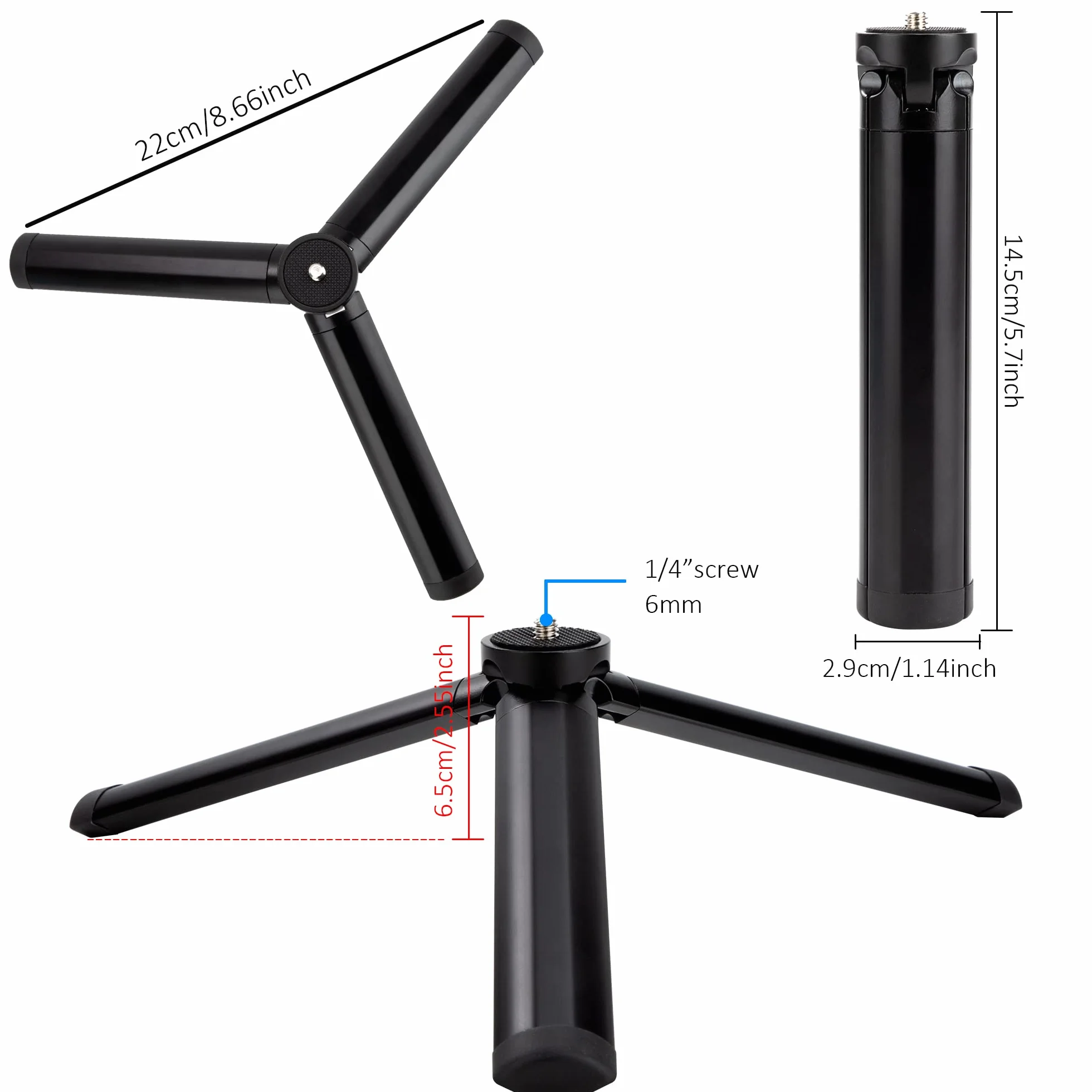 QIMEI-SHOP Mini Tripod statyw do aparatu fotograficznego ze stopu aluminium ze śrubą 1/4 cala do GoPro smartfona, kamera internetowej, cyfrowej, gimbal, czarny