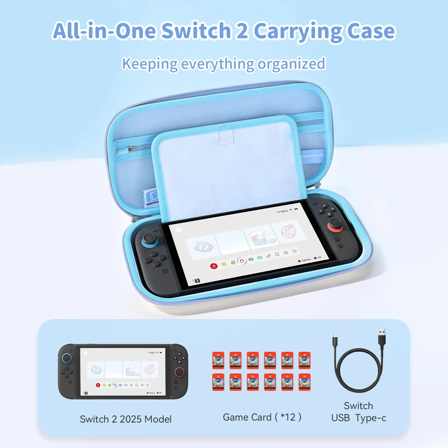 Kuitmor Futerał do przenoszenia kompatybilny z Switch 2 (2025) 19 cm, twarda obudowa smukła podróżna z 12 przegródkami na karty do gier na konsolę Switch 2 i akcesoria, Candy Party (niebieski)