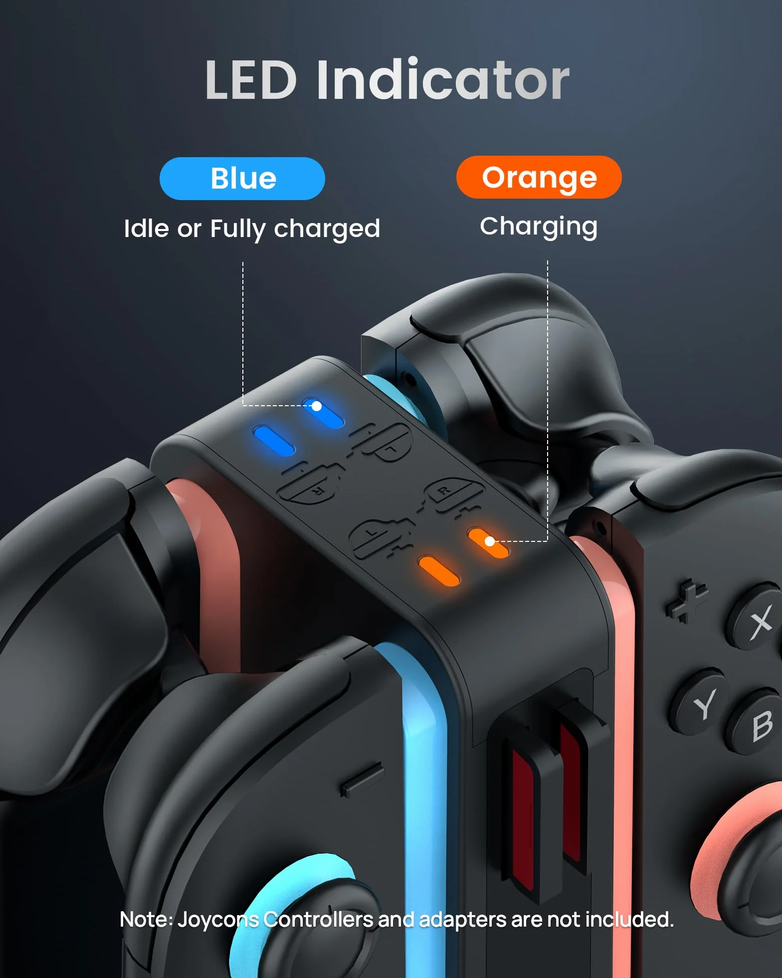 TRANSNOVO Stacja ladujaca kontrolera do Nintendo Switch, 4-gniazdnawa z wskaznikami LED, 9 trybow RGB, 8 gniazd do kart gier, jednoczesne ladowanie