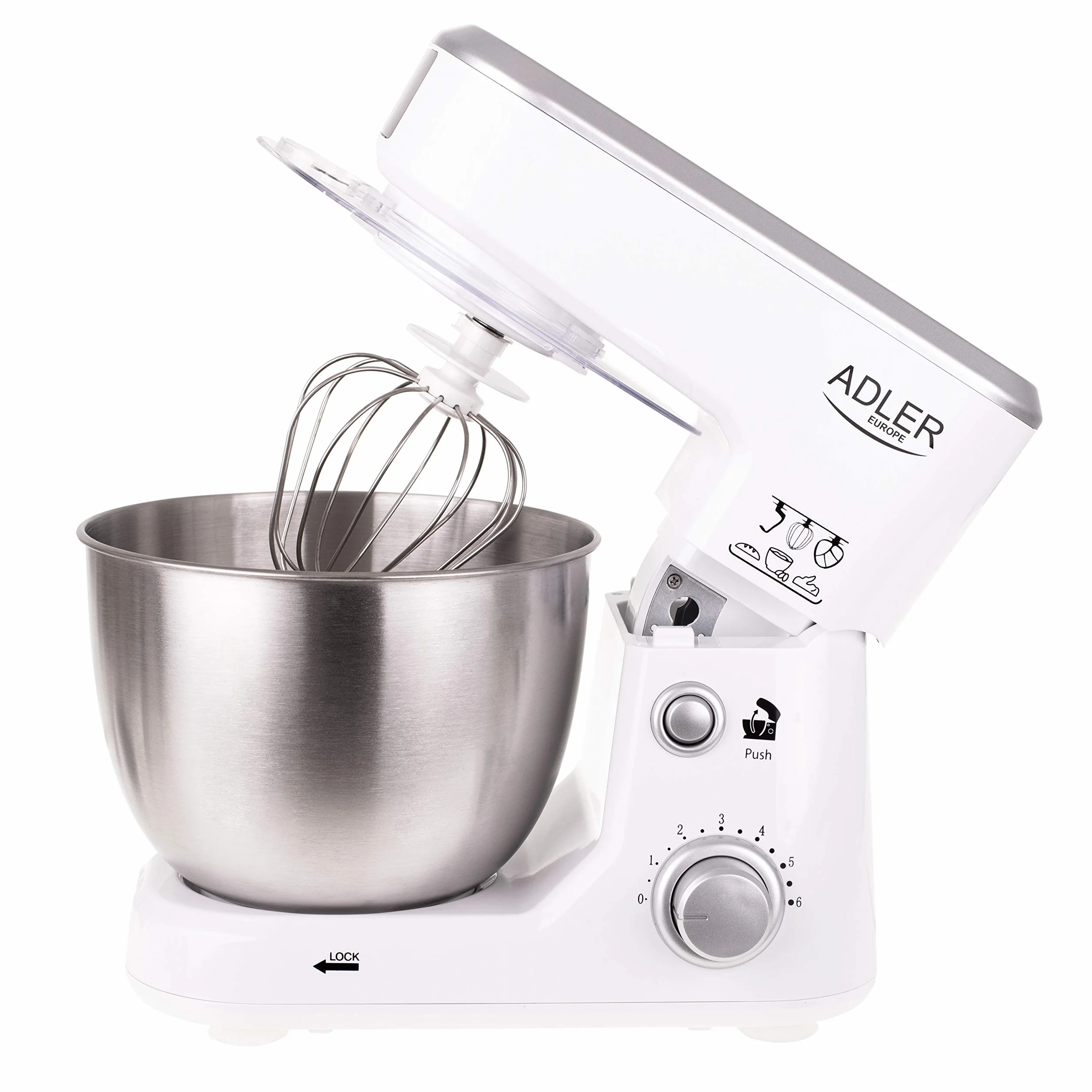 ADLER EUROPE AD 4216 Robot Planetarny 1000W, 3 Mieszadła, 6 Prędkości, Misa ze stali 4L, Pokrywa, Szpatułka