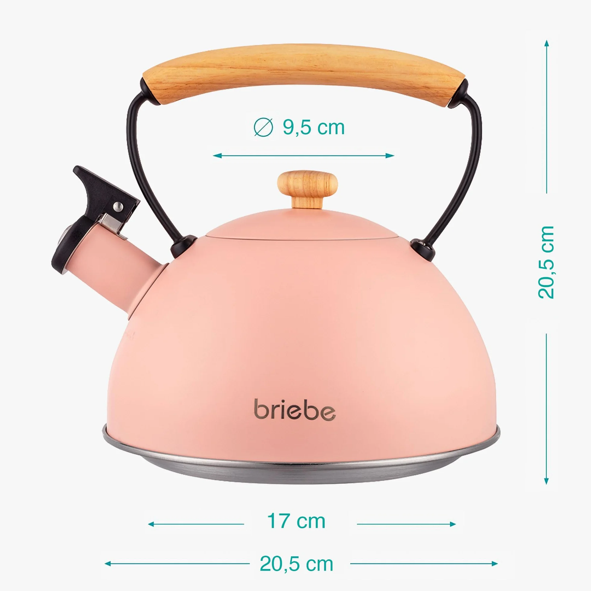 briebe Retro dzbanek indukcyjny gwizdek 2,3 l, napary, czajnik ze stali nierdzewnej, wszystkie rodzaje kuchenek, płyta ceramiczna, gaz, drewniany uchwyt zimny dotyk, vintage design, herbata, pastelowy