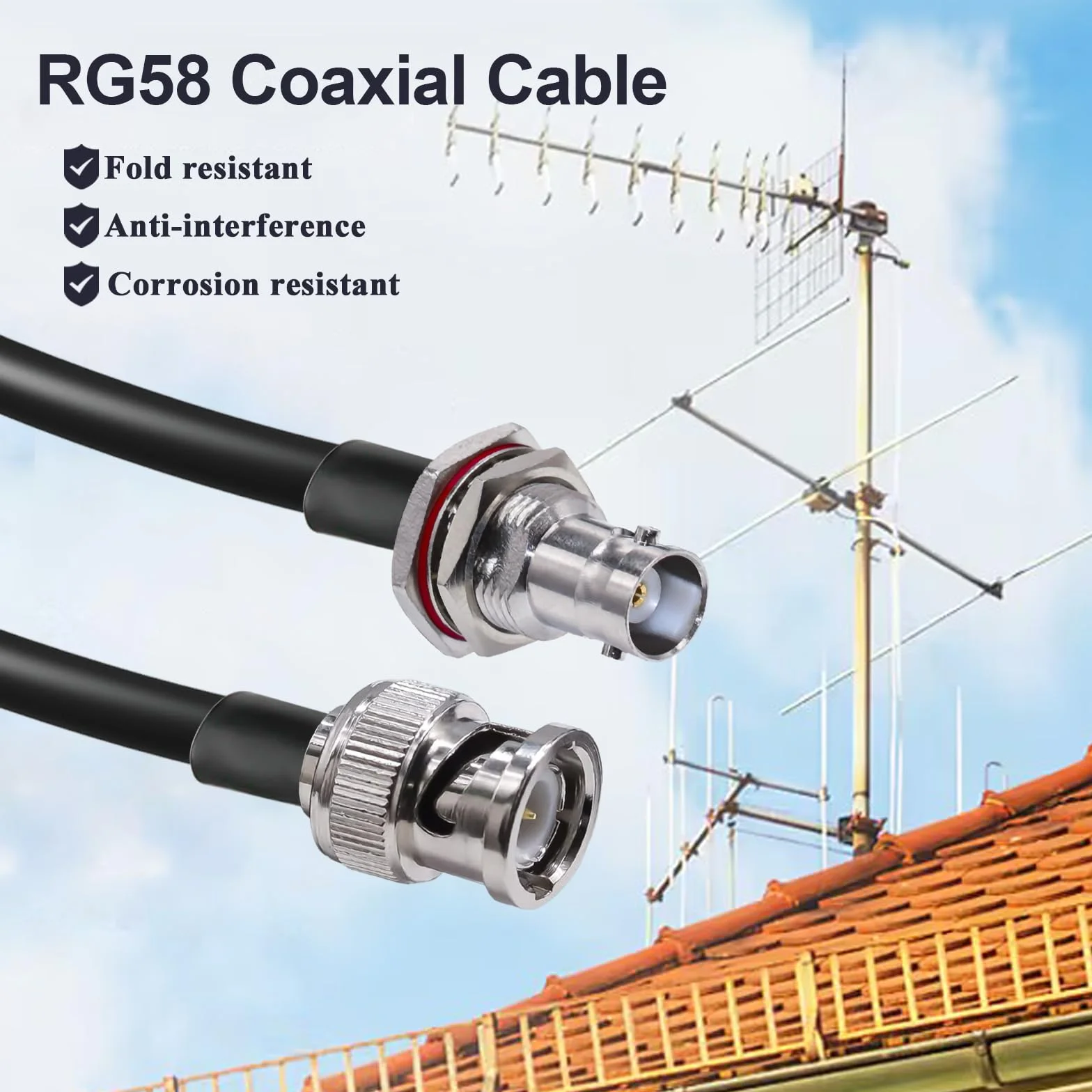 TUOLNK BNC Kabel połączeniowy RG58, wtyczka na gniazdo Bulkhead Low Loss CB, radiowy kabel koncentryczny 2 m, przedłużacz anteny Wifi, antena radiowa HAM, system CCTV, czarny, kabel BNC 6,6 FT