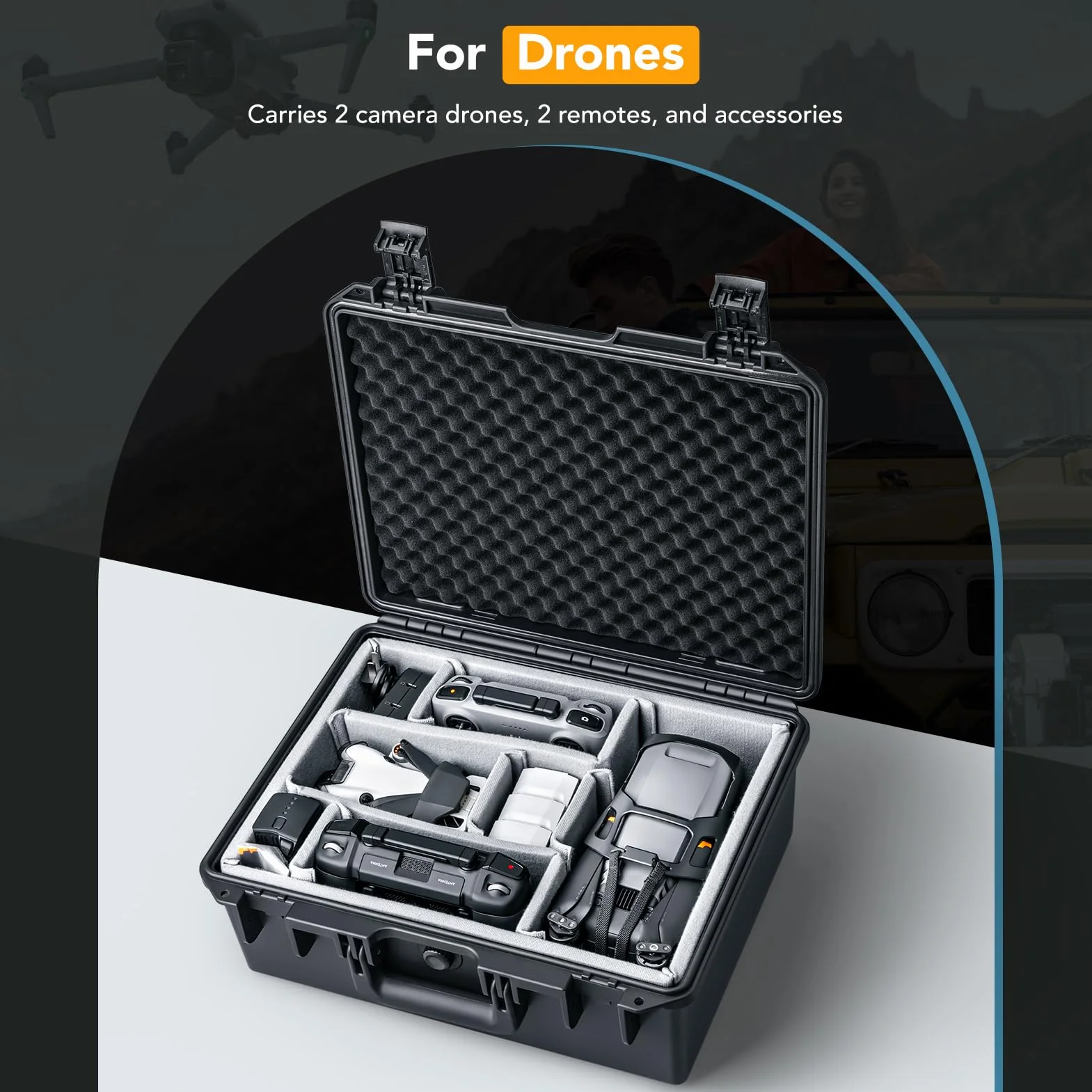 Lykus Wodoodporna twarda obudowa z PVC 1 z wyściełanymi przegrodami do aparatów, obiektywów, Dual DJI Mavic/Air/Mini drony, Czarny, Twarde etui z wyściełanymi przegrodami