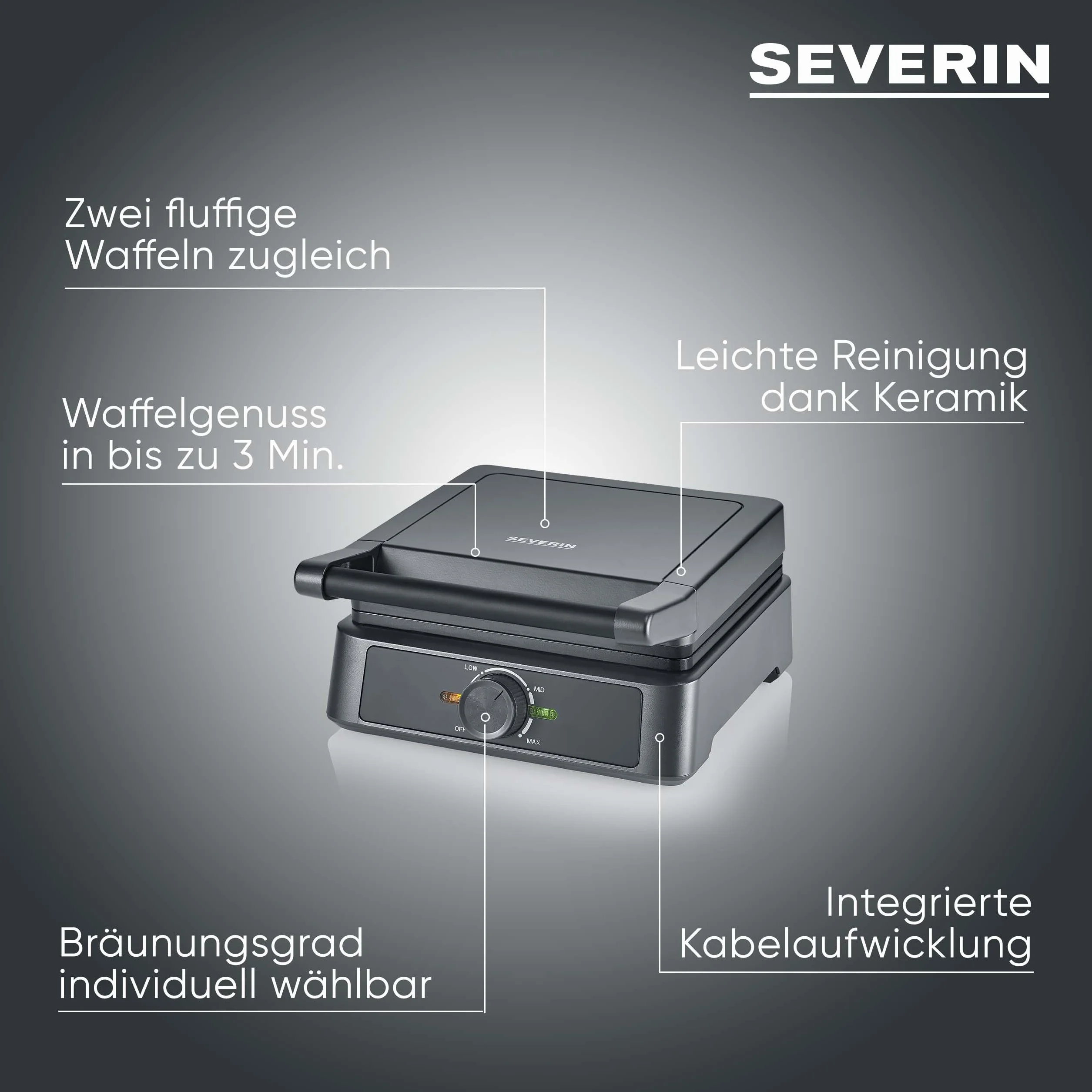 SEVERIN Gofrownica do gofrów belgijskich 1600 W ceramiczna bez PFAS czarna stal nierdzewna WA 2130