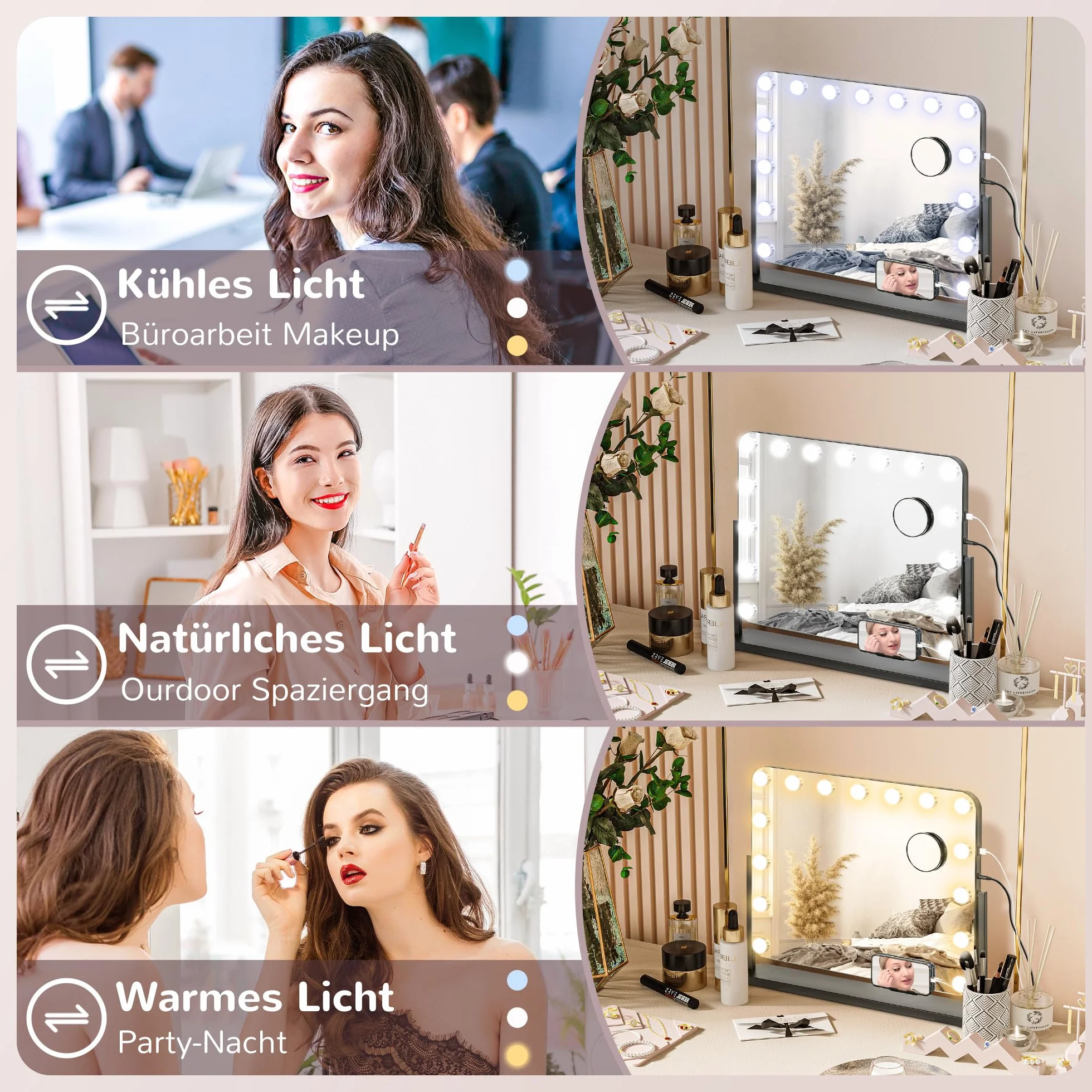HOMCOM Lustro Hollywood LED do makijażu 14 diod 3 kolory światła powiększenie 10x USB
