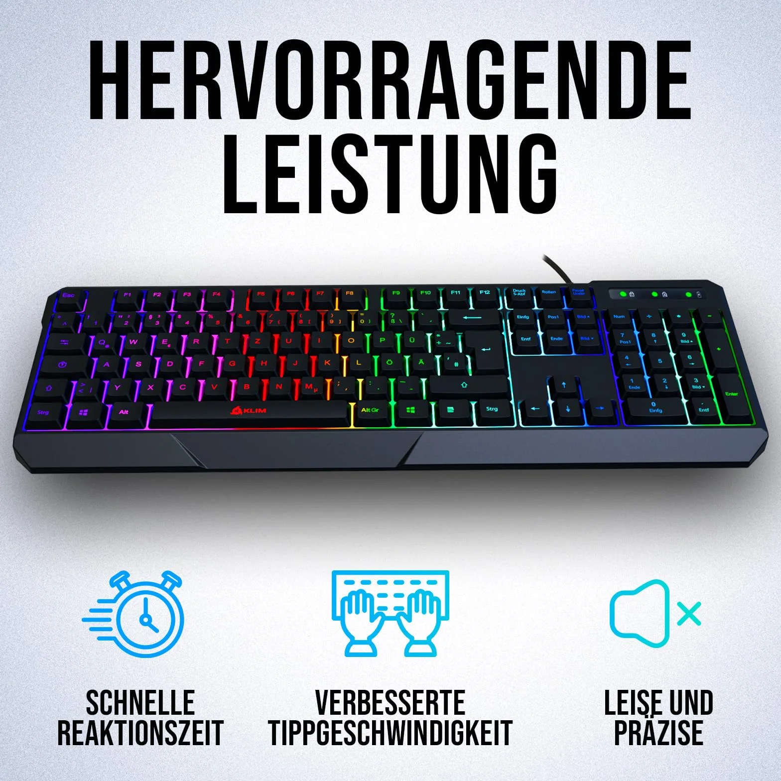 KLIM Chroma klawiatura gamingowa QWERTZ DEUTSCH z kablem USB + nowa wersja 2022 + trwała, wodoszczelna, ciche klawisze + klawiatura gamingowa RGB do PC Mac, Xbox One X, PS4, PS5 + czarna